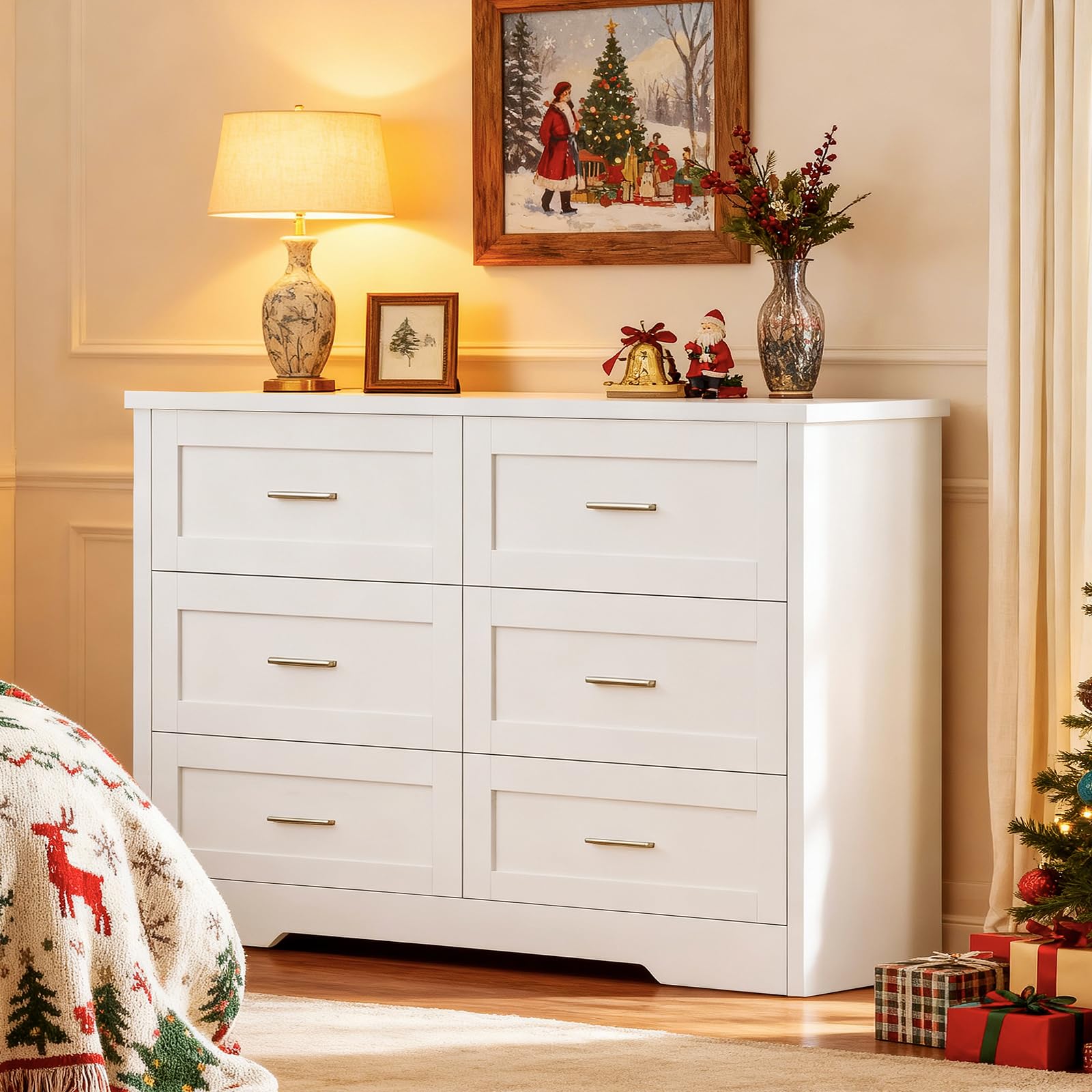 TEENFON Kommode mit 6 Schubladen, Weißer Komodenschrank für Schlafzimmer - Multifunktionales Sideboard für Wohnzimmer, Esszimmer, Flur, 107 x 35 x 75.5 cm
