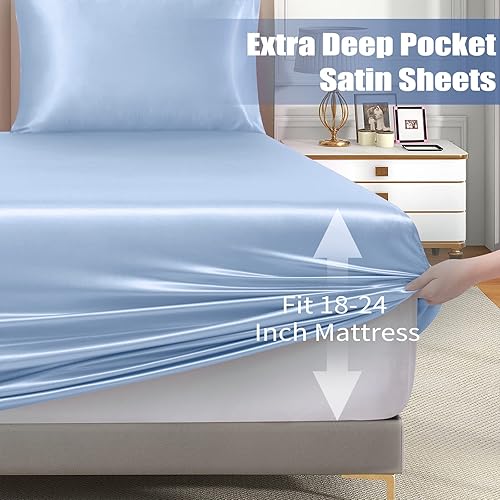 Miniatura 5 de VACVELT Sábana bajera ajustable de satén con bolsillo extra profundo, tamaño matrimonial, color azul bebé, juego de ropa de cama sedosa y 2 fundas