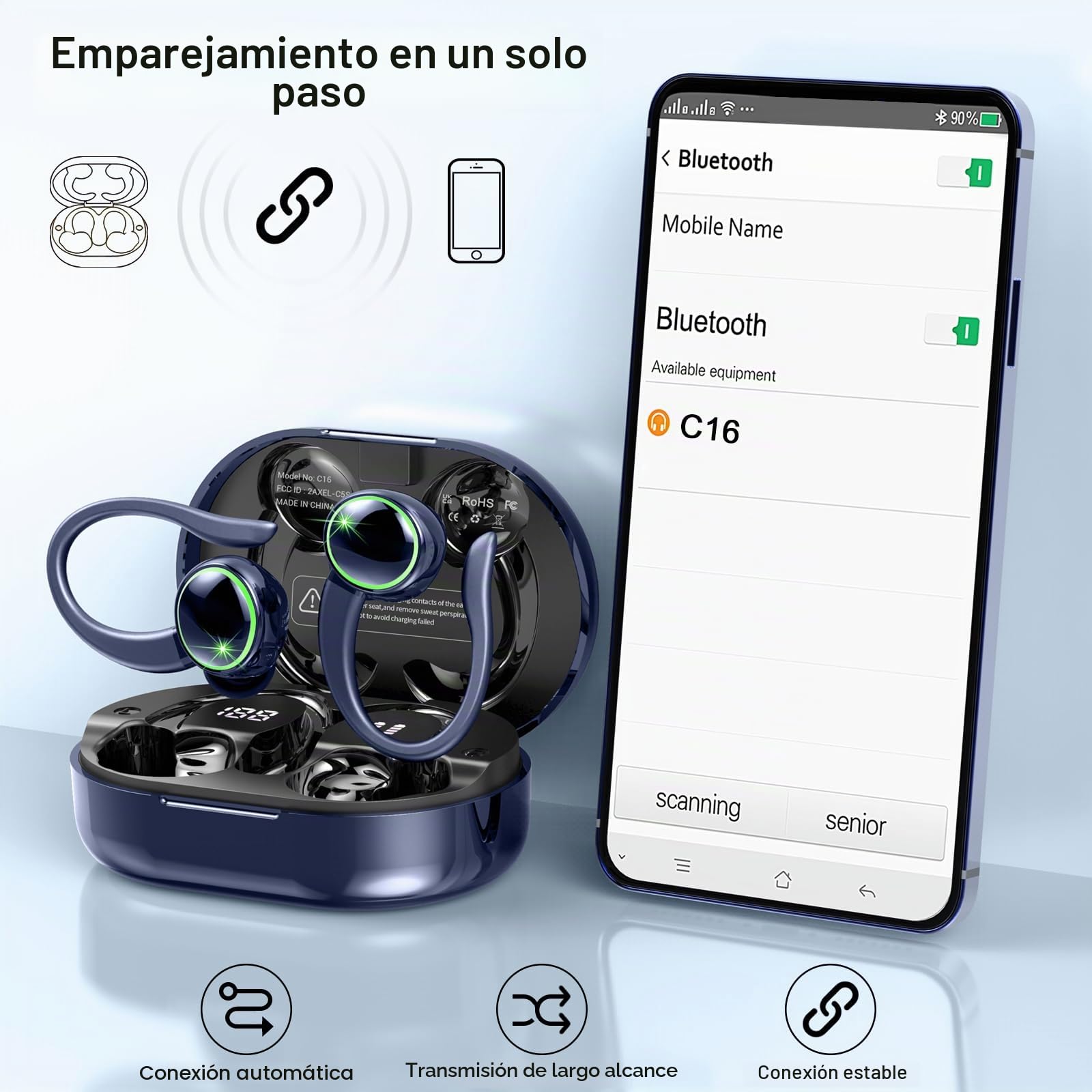 Matast Nueva Auriculares Inalambricos Deportivos, Auriculares Bluetooth 5.4 HiFi Estéreo con 4 HD Mic, 50H Cascos Inalambricos Bluetooth con Cancelacion Ruido ENC, LED