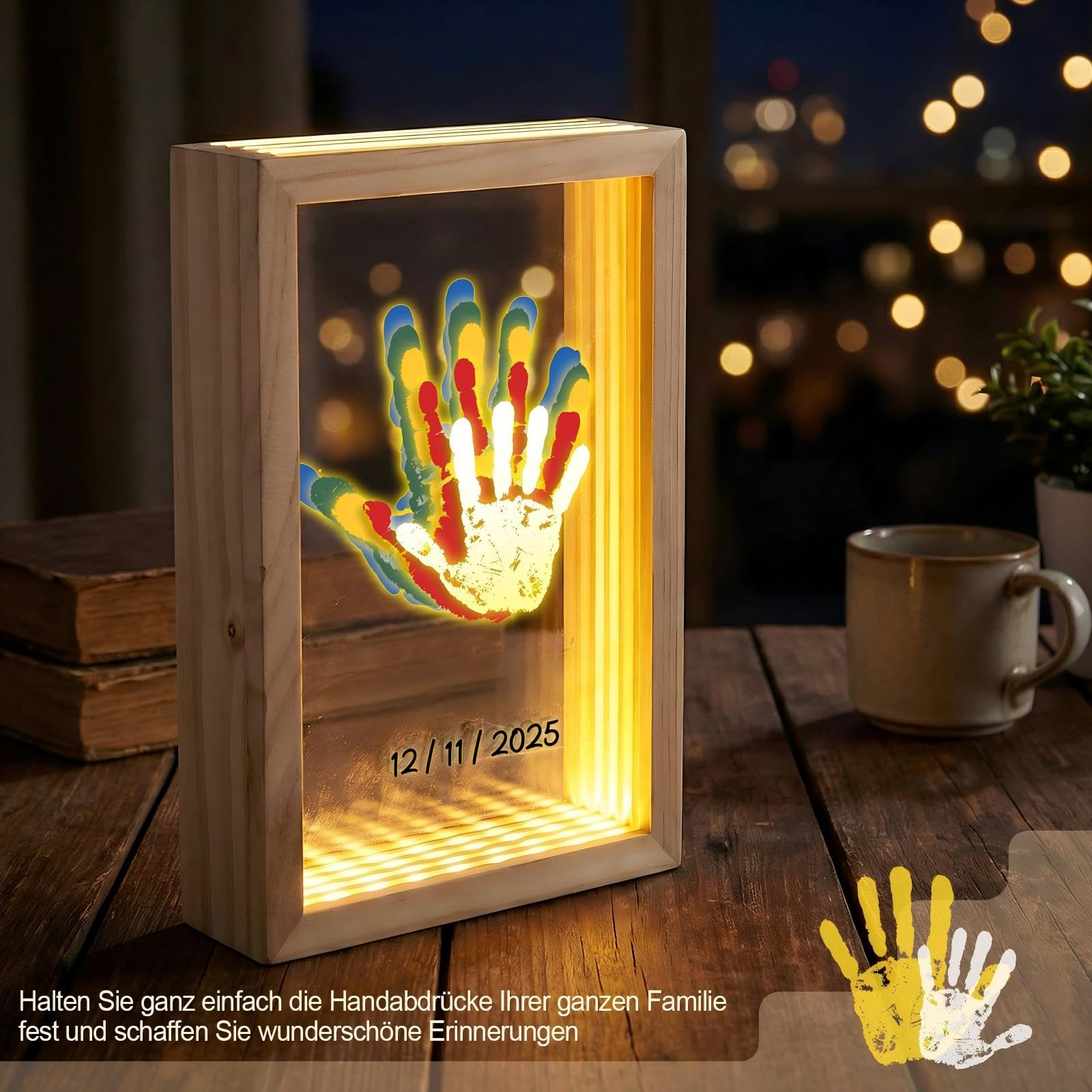 Marco LED para Huellas de Manos y Pies de la Familia 5 Láminas Acrílico 6 Colores Marco de Madera Artesanal Recuerdos Regalos para el Día Madre Día del Padre Navidad y Actividades Familiares