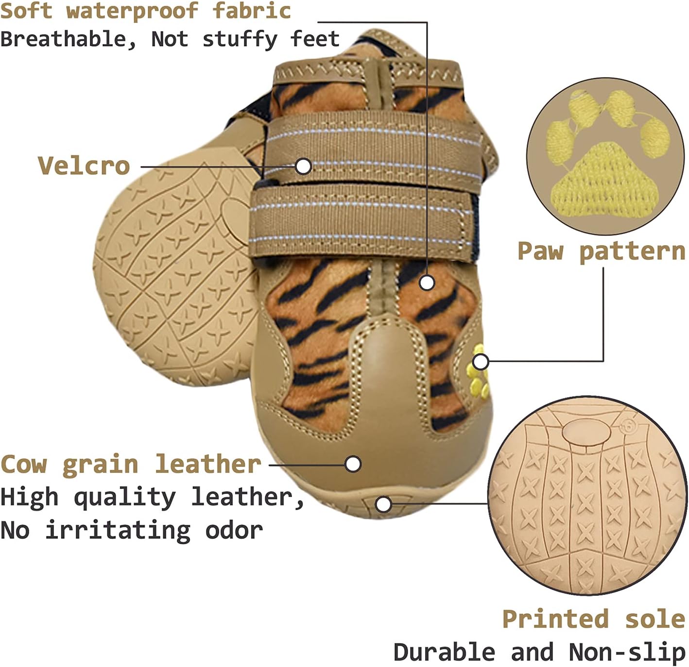 XSY&G Dog Boots,Waterproof Dog Shoes,Dog Booties with Reflective Strips Rugged Anti-Slip Sole and Skid-Proof,Outdoor Dog Shoes for Medium Large Dogs 4Pcs Leopard-Size 6
