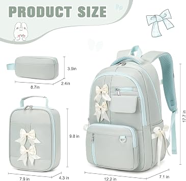 Bevalsa Backpack for Girls, Bow School Backpack for Kids with Lunch Bag & Pen Case, Cute Bookbag for Teens Girls Children for Elementary Middle High College Student, Back To School Gift (Green)