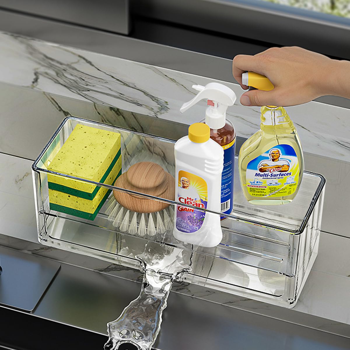 Akalin Sponge Holder for Kitchen Sink Plastic Sink Caddy Dish Sponge Holder with Auto Draining Tray Kitchen Storage