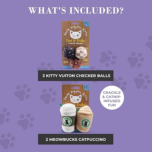 Miniatura 4 de Vuiton - Juego de bolas a cuadros + catpuccino Meowbucks, juguetes de peluche para gatos rellenos de hierba gatera con sonido interactivo de