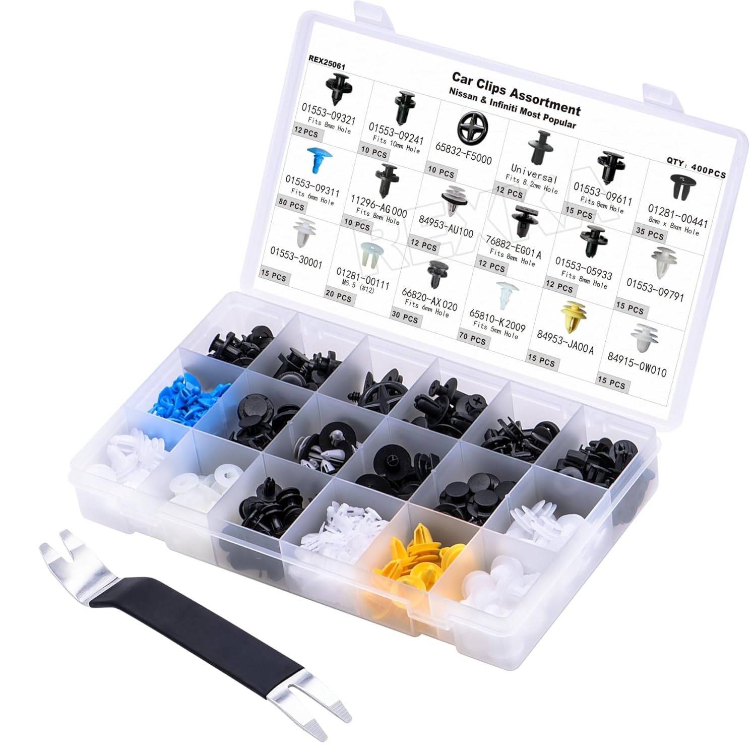 Rexka 335pcs for Nissan & Infiniti Body Fastener Assortment - Fender Liner Clips, Bumper Retainers, Trim Screws & Washers - 01553-09321, 66860-01W01, 01553-2DR9A, 01454-N5061,11026-01M02