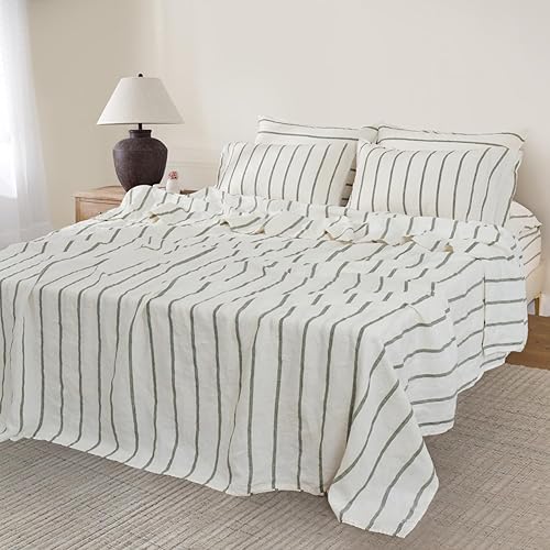 Miniatura 2 de S VICTORY SYMBOL Juego de sábanas de 100 % lino teñido con rayas verticales verdes francesas naturales, juego de ropa de cama de lino lavado, tamaño