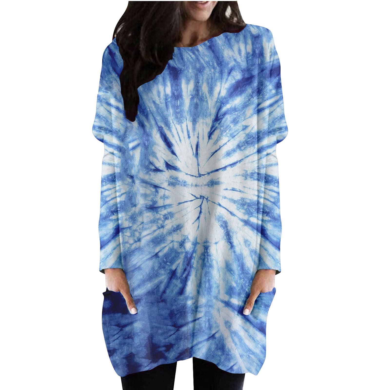 Ladies Casual Dress Halloween Party tie-dye Printing Round Neck Casual mid-Length Loose Dress