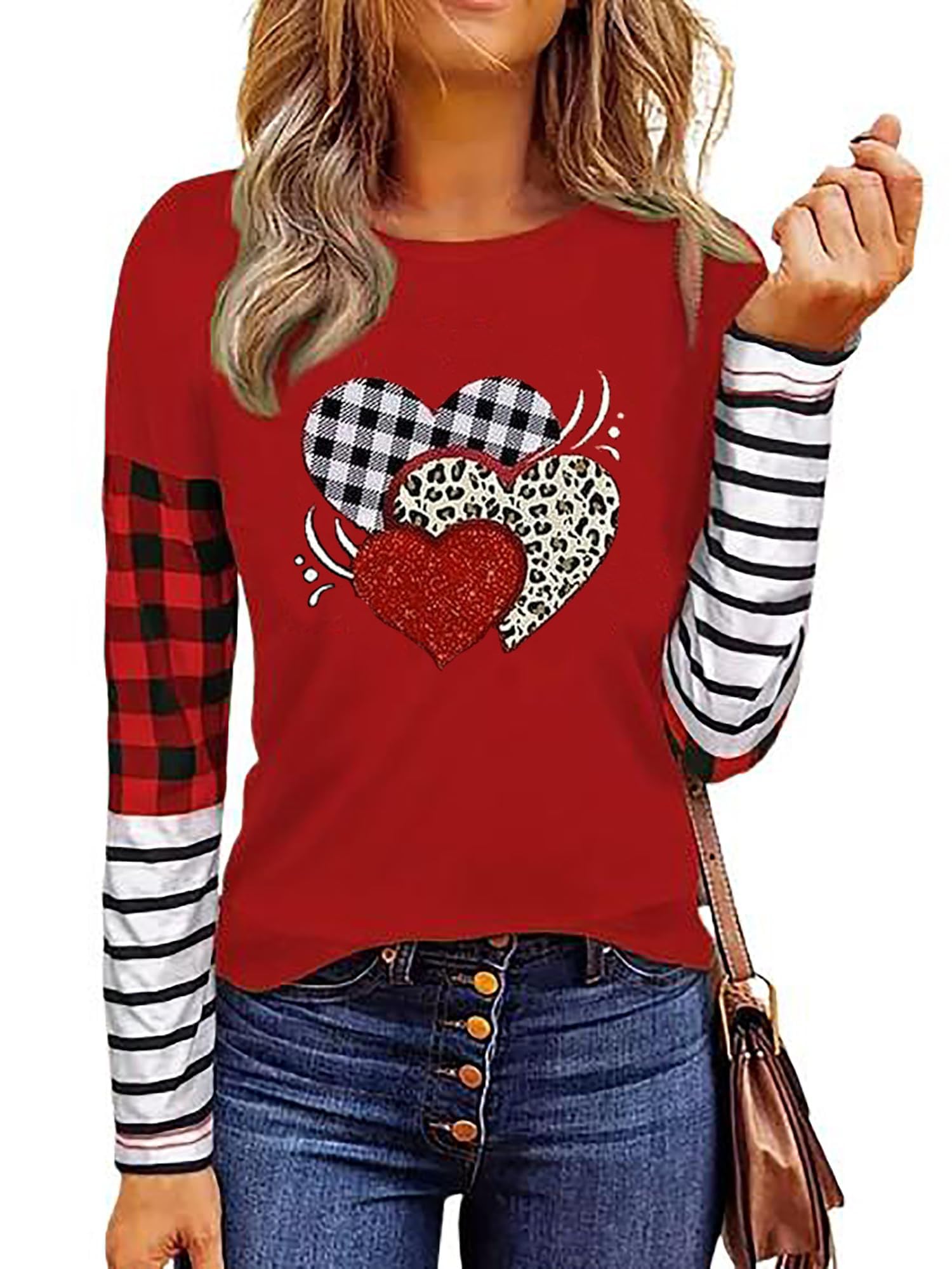 Valentine Shirt Women Buffalo Plaid Love Heart Graphic Tees Letter Print Splicing Long Sleeve Tops Shirts(Red3,XL)