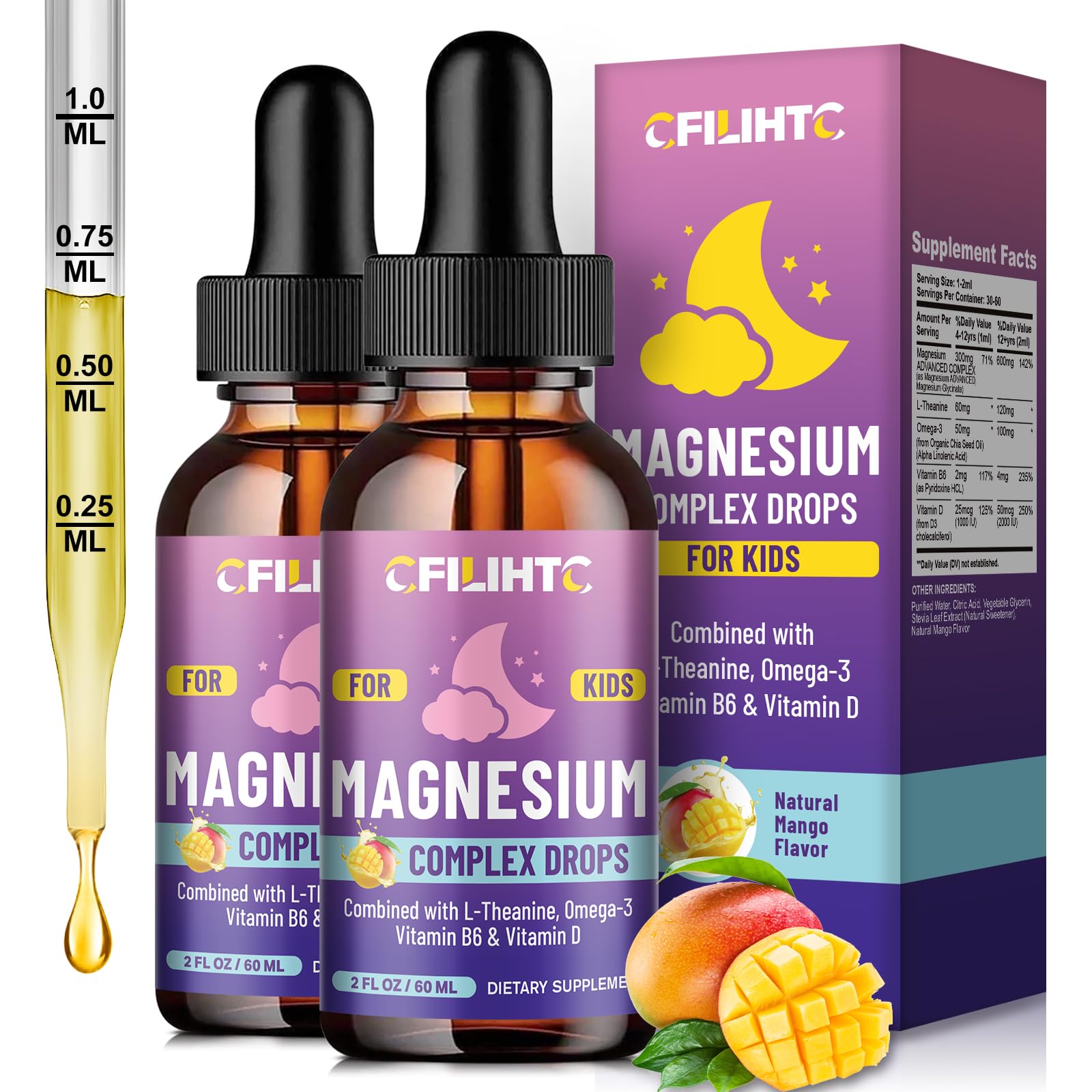 Kids Magnesium Liquid Drops-Magnesium Glycinate Liquid for Kids Supplement-w/L-theanine, Omega-3, Vitamin B6, D3 - for Sleep, Relaxation, Brain, Bones - Mango Flavor, 4 Fl Oz Mango 2 Fl Oz (Pack of 2)