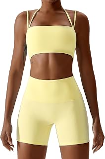 Workout Sets for Women 2 Piece Twist Front Halter Sports Bras High Waist Biker Shorts Exercise Gym Yoga Outfit