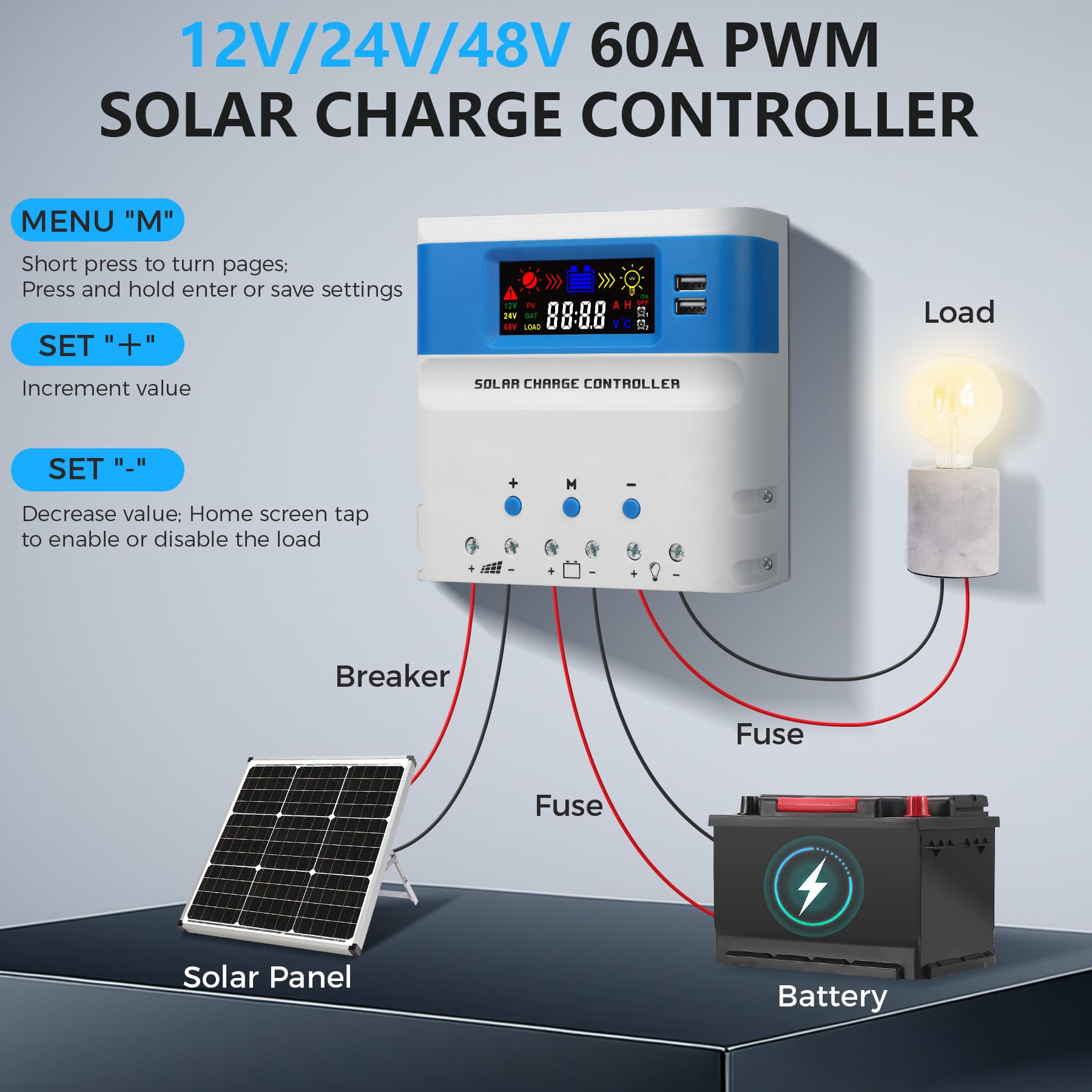 60A PWM Regolatore di Carica 12V/24V/48V Auto,60A Regolatore di Carica Pannello Solare Display LCD Doppia Porta USB,12V/24V/48V Regulador de Carga Solar Controller per Batterie GEL/SLD/FLD/LI