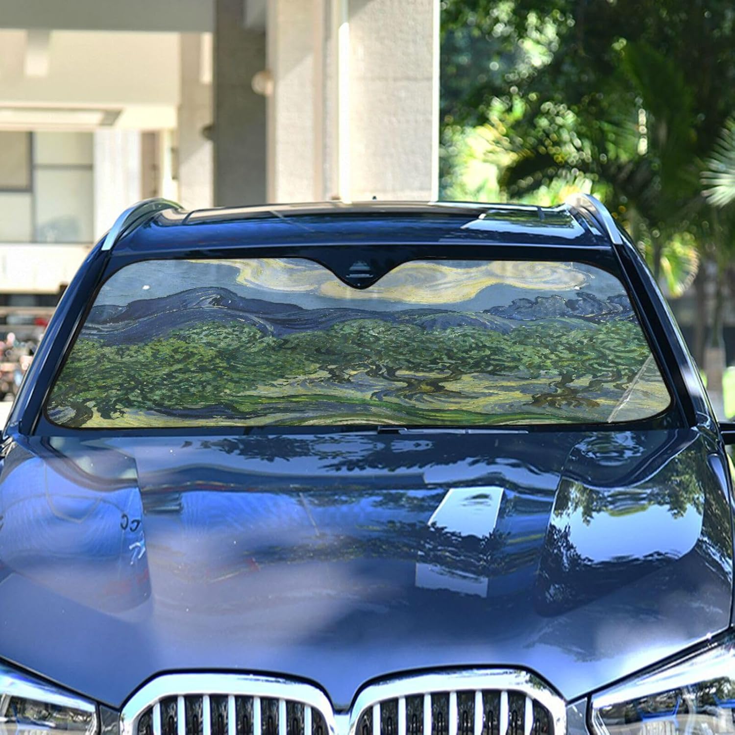 Car Windshield Sun Shade Van Gogh Mountains Tree Foldable Car Front Windshield Sunshade Blocks UV Rays Sun Visor Sun Heat Protection for Car Truck SUV to Keep Your Vehicle Cool,Large