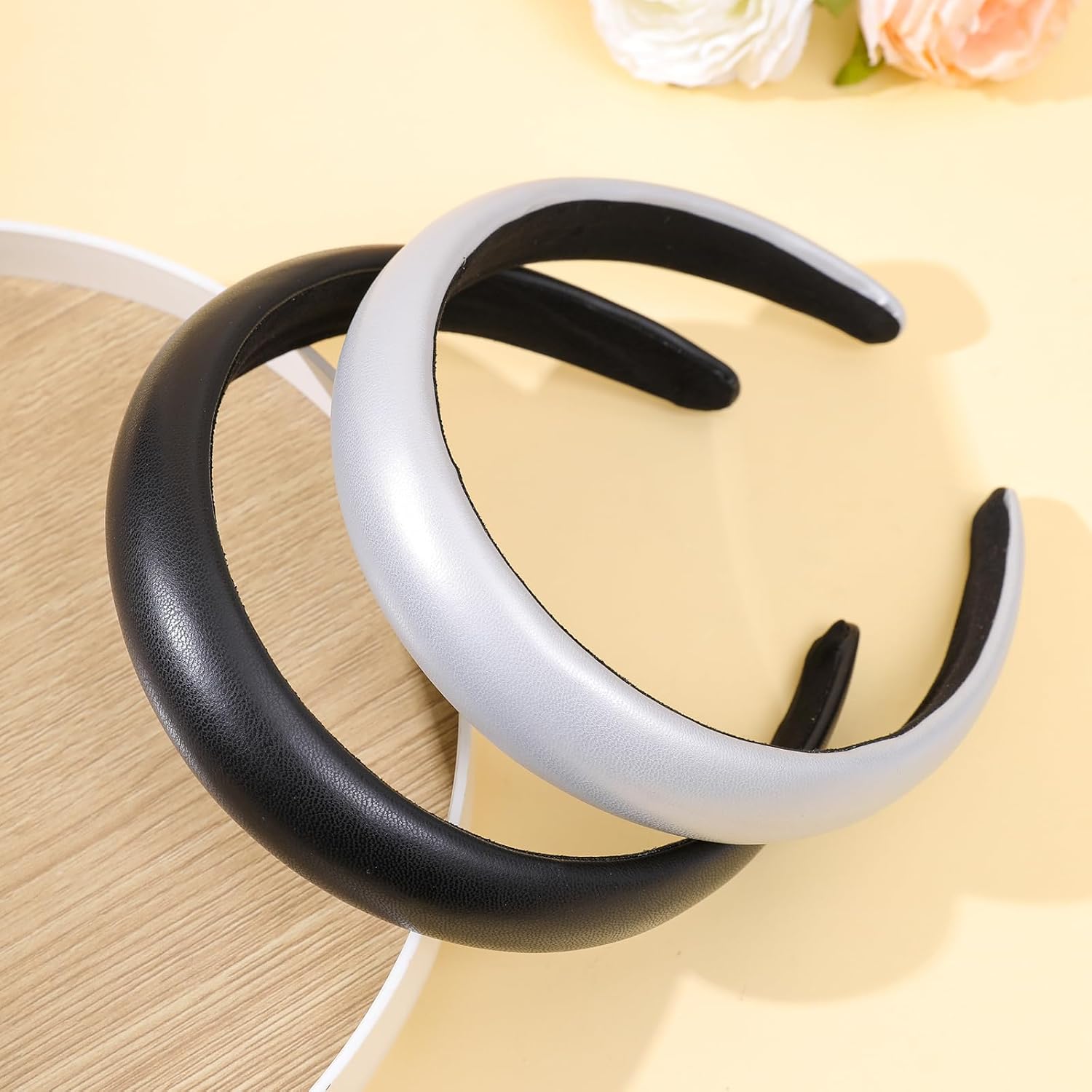 Wide Headbands for Women,2PCS Soft Leather Padded Headband Black Sliver,Fashion Dressy Head Band Comfortable Hairbands for Daily Prom Party Head Accessories