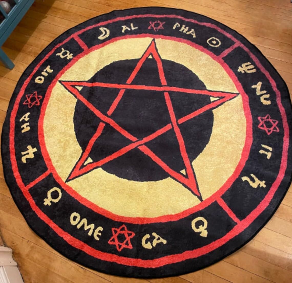 Generic The Love Witch Patterned Area Rug, Gothic Red, Black Pentagram, 3.2 ft / 39 in / 100 cm Round Rug