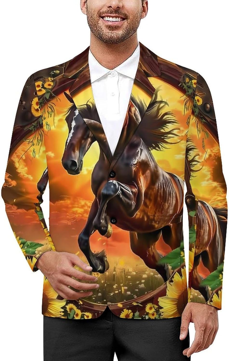 3D Horse Sunflower Men's Classic Fit Suit Two Button Blazer Business Coat Tuxedo for Wedding Dinner