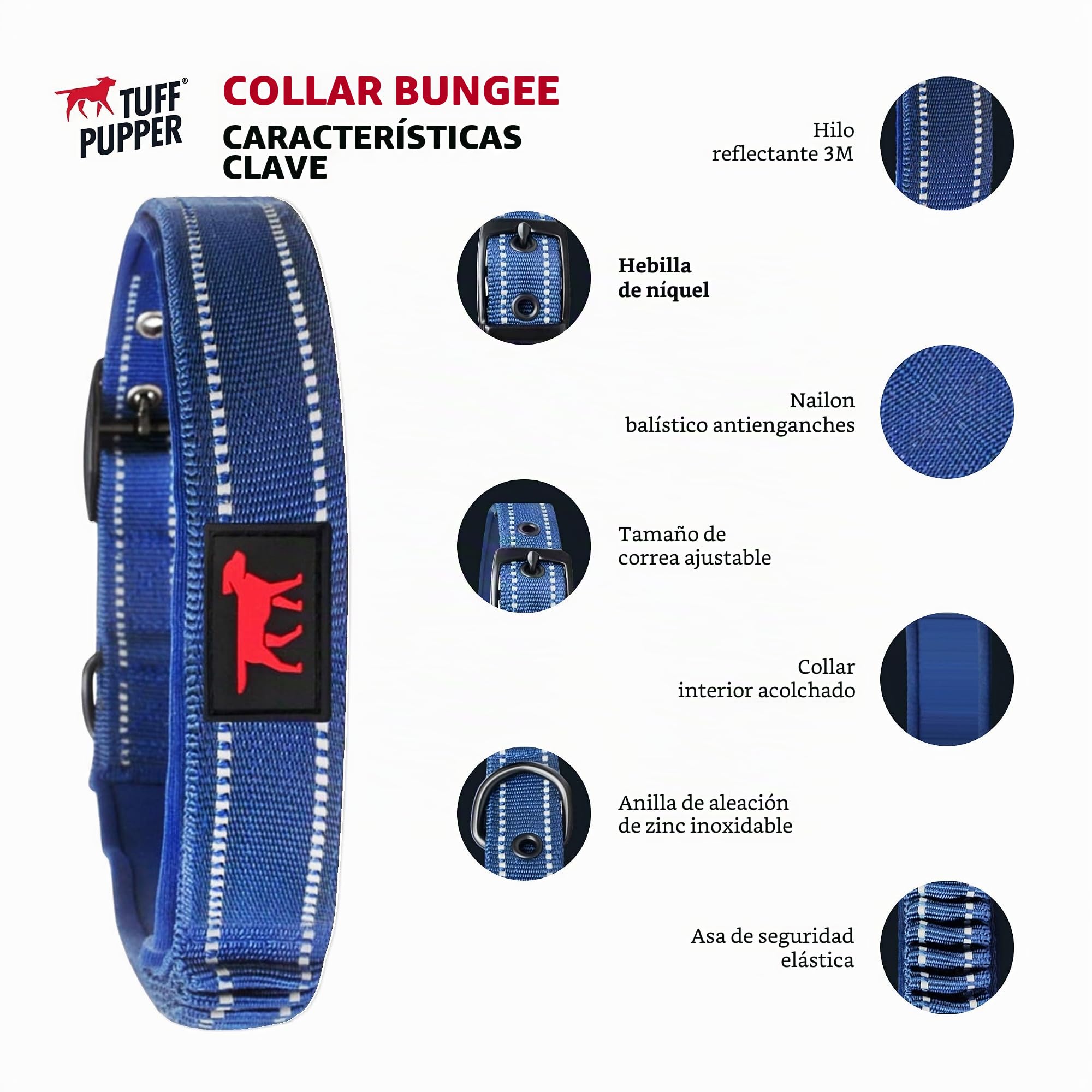 Tuff Pupper Collar de perro resistente con asa, collar de nailon balístico resistente, collar reflectante acolchado con herrajes de acero inoxidable ajustables, tamaño conveniente para todas las razas