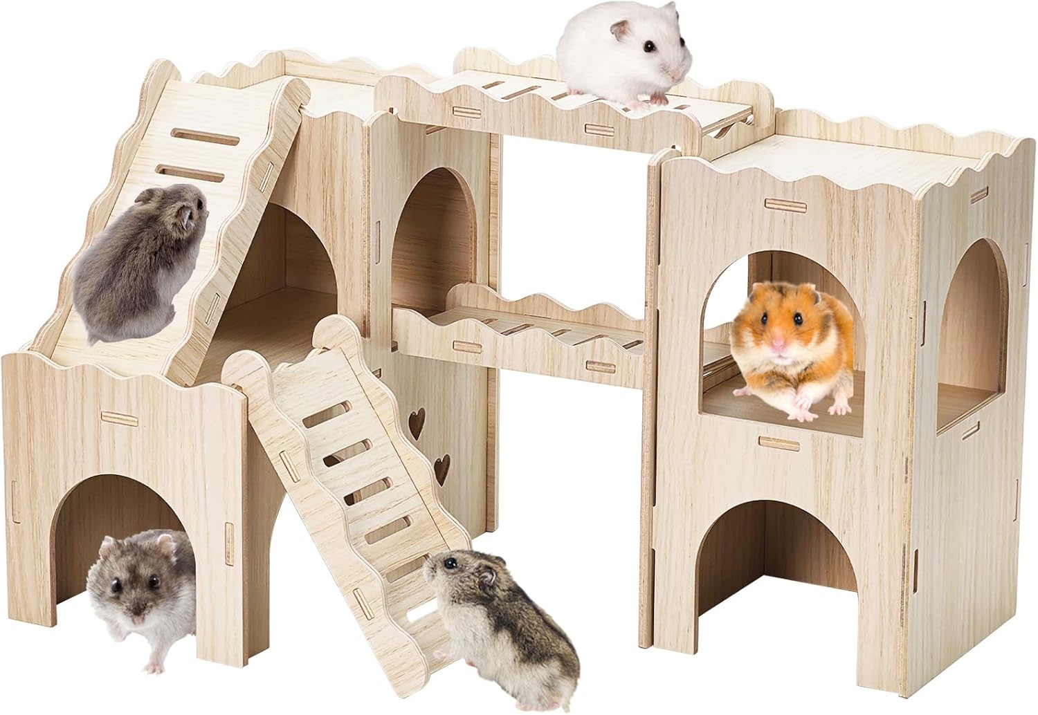 BNOSDM Large 6-in-1 Hamster Playground, Multi-Level Wooden Hamster Houses and Hideouts with Double Slides, Hide Hut for Multiple Dwarf Hamsters, Syrian, Gerbils