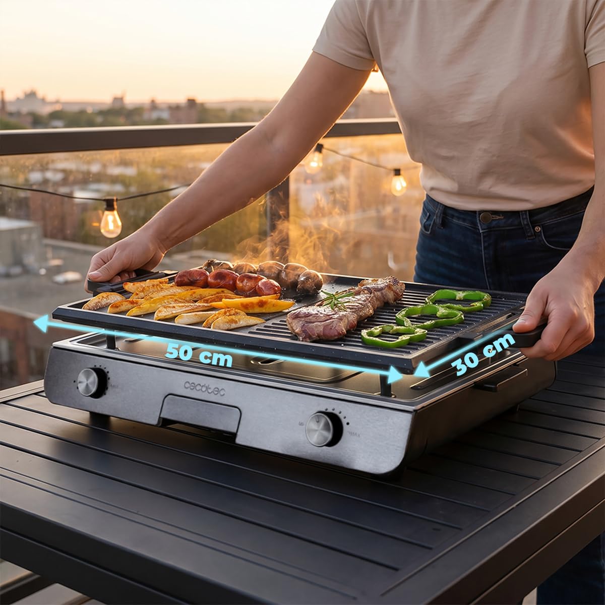 Cecotec Barbecue Elettrico Perfectroast 3000 Inox Max. 3000W, Superficie di Cottura 30 x 50 cm, 2 Aree di Cottura, Rivestimento Antiaderente, Metallico