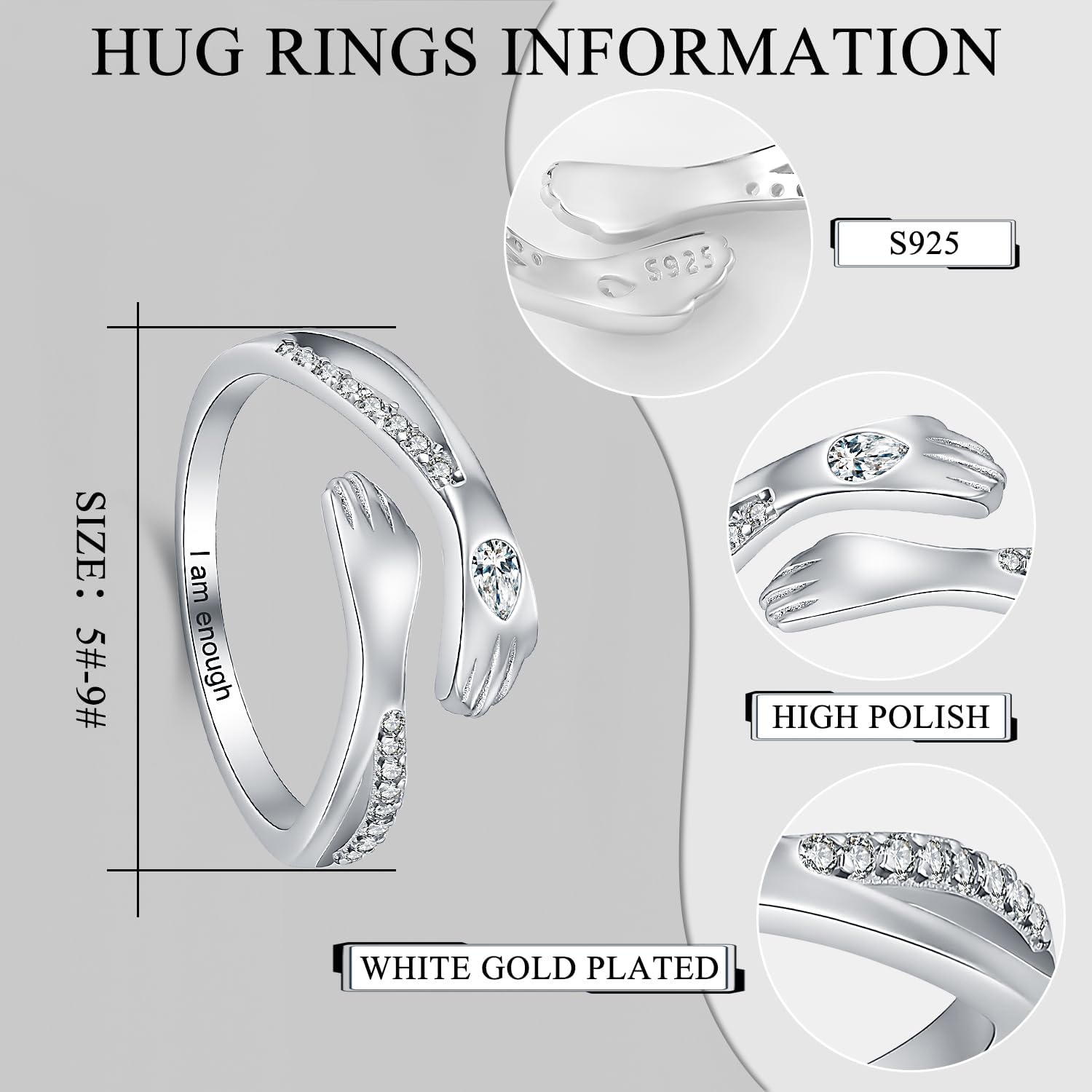 Hug Rings for Women Birthstone Hug Rings 925 Sterling Silver Adjustable Hand Ring Open Jewelry Daughter Gifts From Mom Mother Teens Mother's Day Amavive