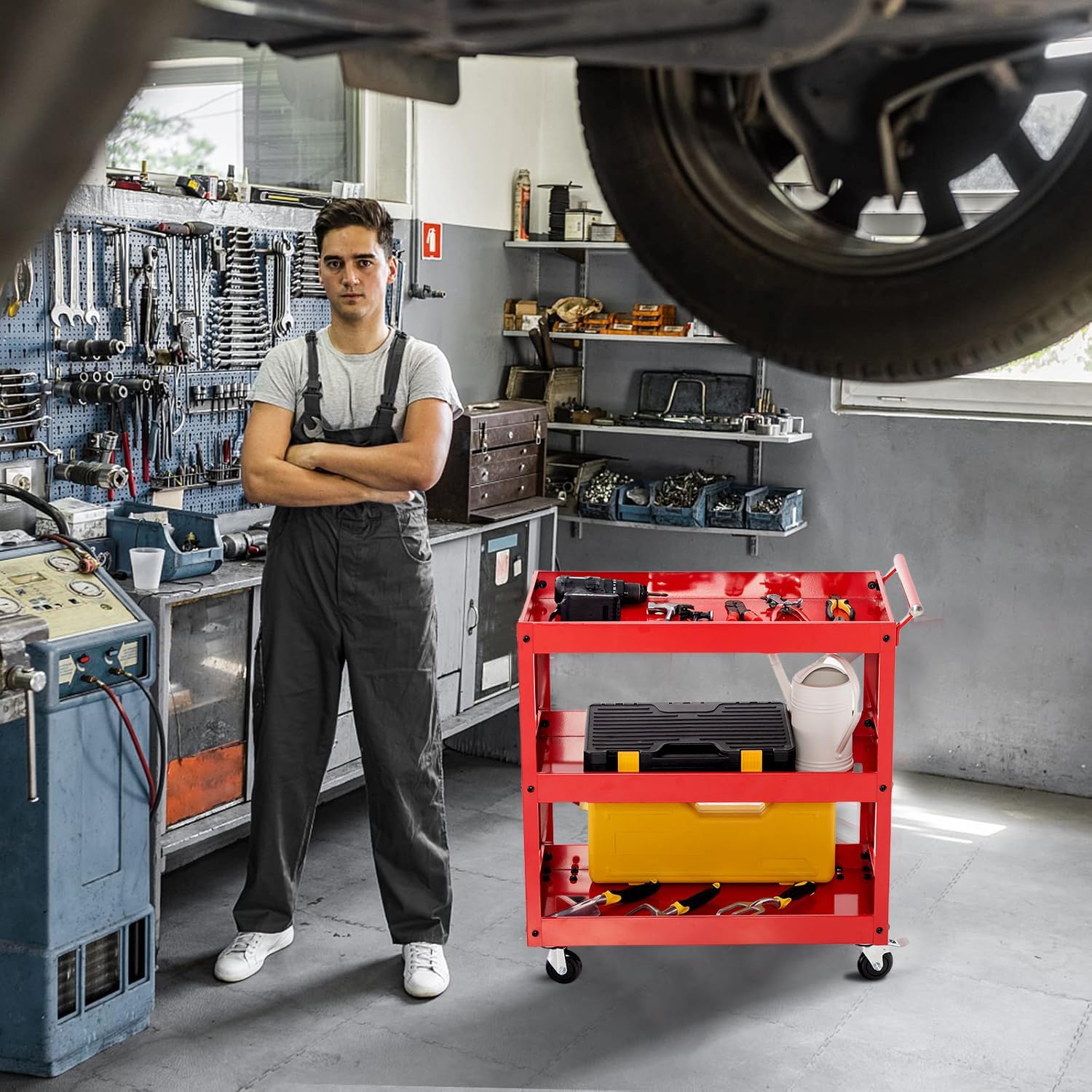 ERGOMASTER 3 Tier Rolling Tool Cart 330lbs Load Capacity Heavy Duty Metal Frame Service Cart with Lockable Wheels, Tool Push Cart for Garage,Mechanic, Workshop, Warehouse, Office(Red)
