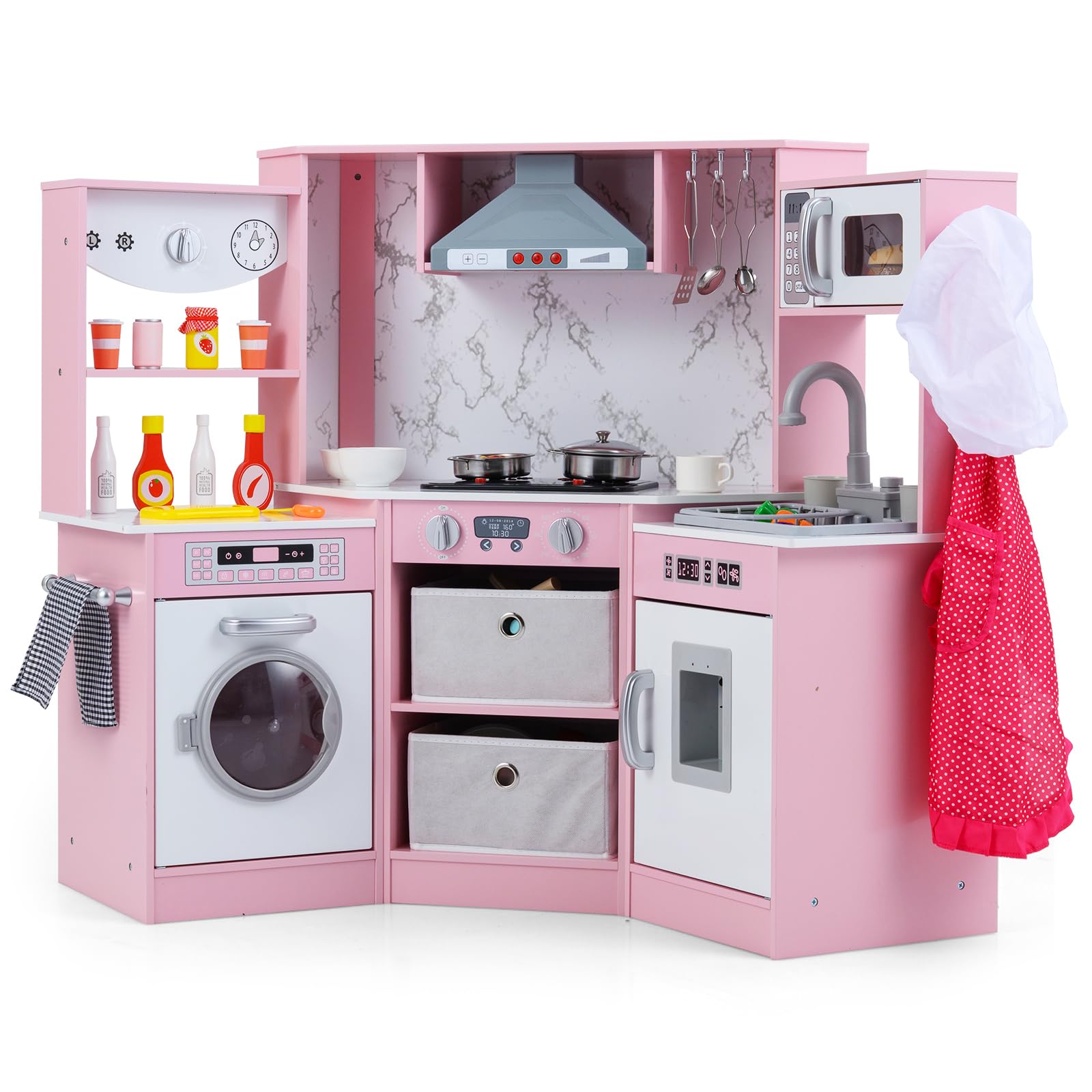 DREAMADE Kinderküche Holz mit 16 TLG. Zubehör, Kinder Spielzeugküche Eckküche mit Herd Spüle Mikrowelle Dunstabzugshaube, Spielküche mit Licht und Sound für Kinder ab 3 Jahren Grau (Rosa)