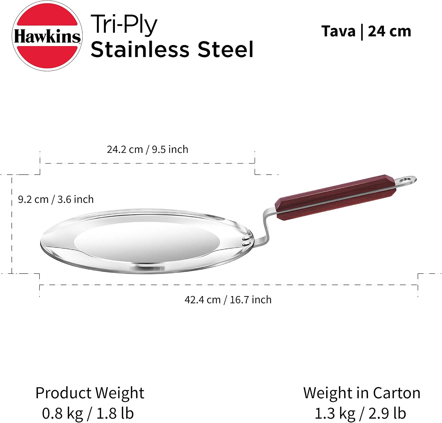 Hawkins 24 cm Tava, Triply Stainless Steel Tawa with Stainless Steel Handle, Induction Tawa, Silver (SSTV24)
