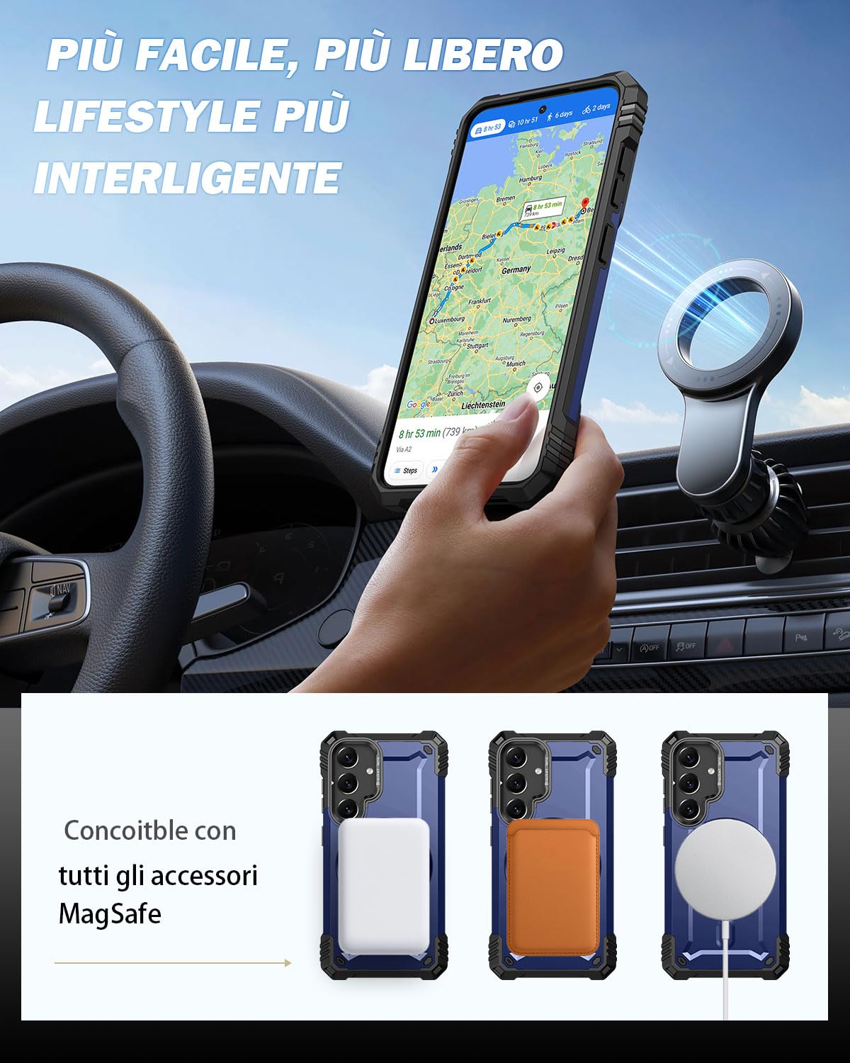 Lanhiem Cover per Samsung S25 / S24 5G Magsafe con Supporto Protezione Completa del Corpo a 360°con 2 Vetro Temperato, Militare 14FT Antiurto Resistente, Custodia per Samsung Galaxy S24 / S25, Blu