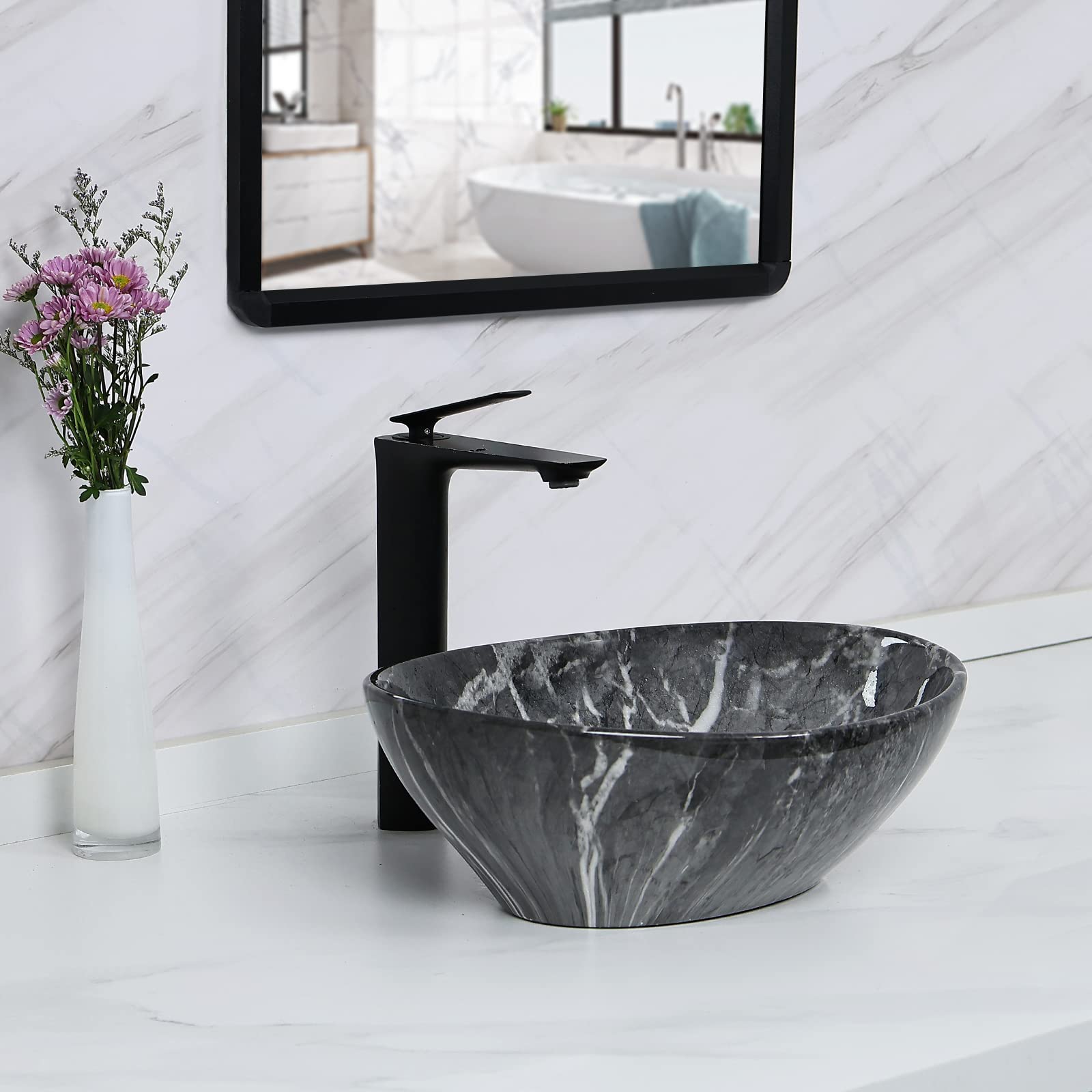 Fregadero ovalado de mármol nórdico de 16 x 13.2 pulgadas con drenaje desplegable, lavabos de baño, fregadero de cerámica, fregaderos de baño sobre encimera, cuencos ovalados para baño 8