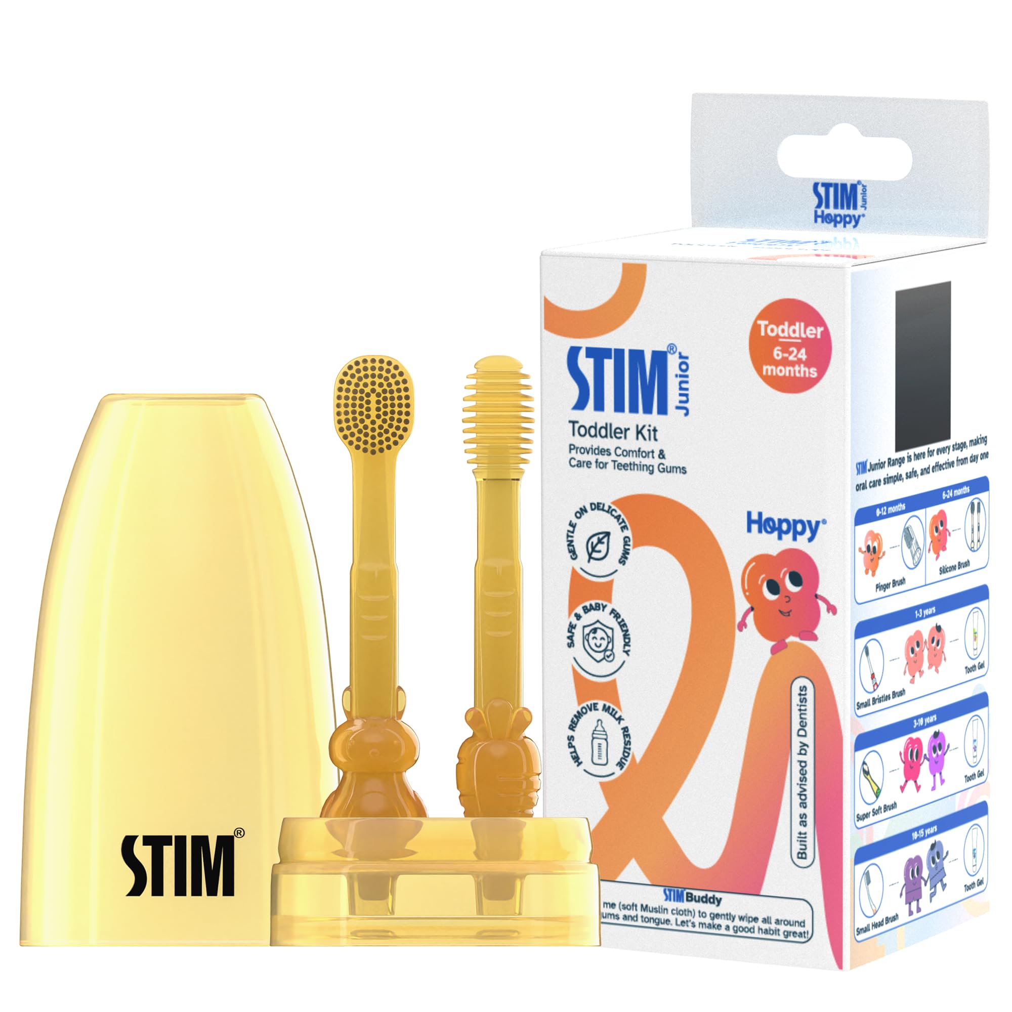 STIM Junior Toddler Kit | 2 in 1 Toothbrush & Tongue Brush | BPA Free Silicone Bristle | 6 to 24 Months | Protective Case | Muslin Cloth | Safe & Baby Friendly | Great For Massaging & Cleaning Gums