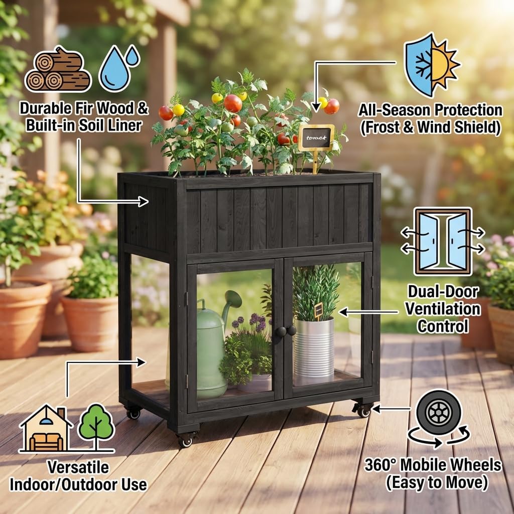 Mini Wood Cold Frame, Compact Garden Greenhouse with Plant Bench Two Doors and Wheels, Raised Potting Bench with Storage Planter Bed with Liner for Indoor Outdoor Potting Bench Use, Black