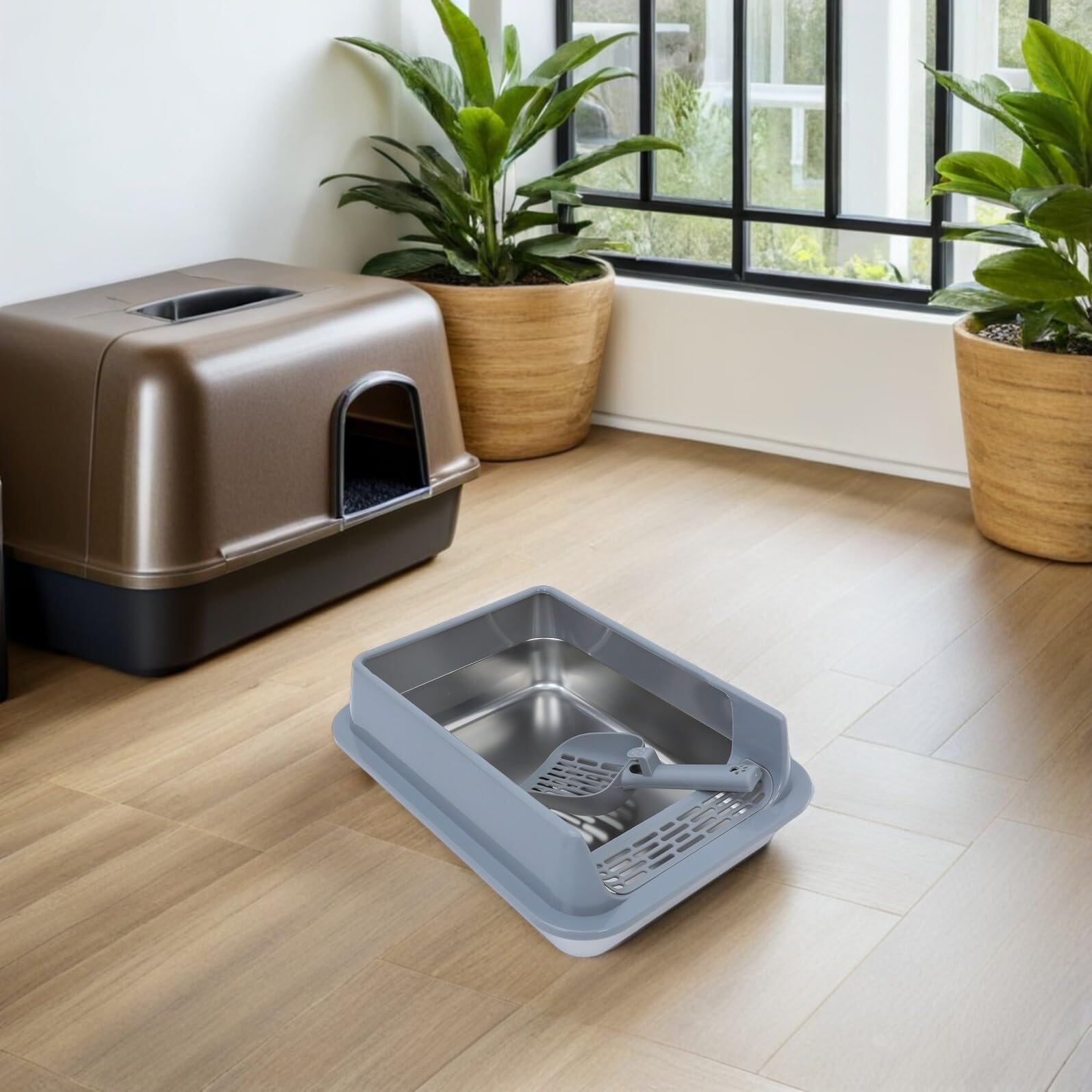 DOITOOL Bandeja de Arena para Gatos de Acero Inoxidable Mediana con Tapa Metálica Gris Caja Cerrada Antiadherente para Uso Doméstico Interior y Exterior Accesorios Gatos Caja de Arena