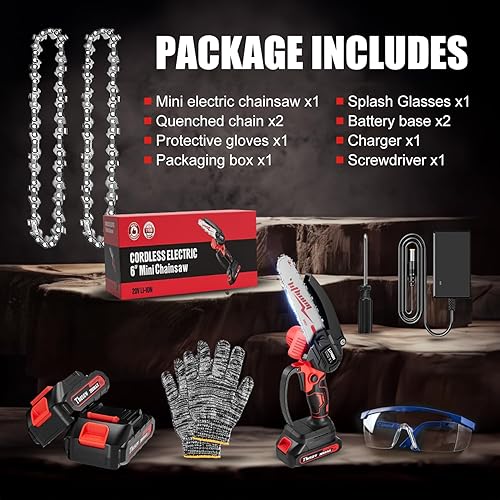 Miniatura 7 de Mini motosierra inalámbrica de 6 pulgadas, motosierra eléctrica de mano con 2 baterías, motosierras portátiles a batería para cortar árboles, cortar