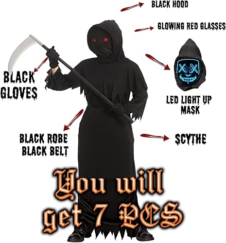 Miniatura 6 de Grim Reaper Halloween Costume for Kids with Glowing Red Eyes, Scythe, Gloves for Boys, Kids and Adult