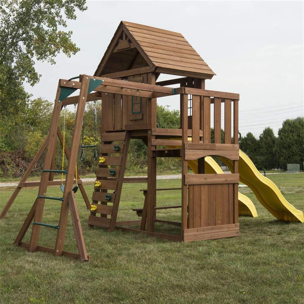 Swing-N-Slide WS 8356 Wooden Timberview Play Set with Two Slides, Monkey Bars, Wood Roof, Climbing Wall and Swings, Wood , Brown - Image 2