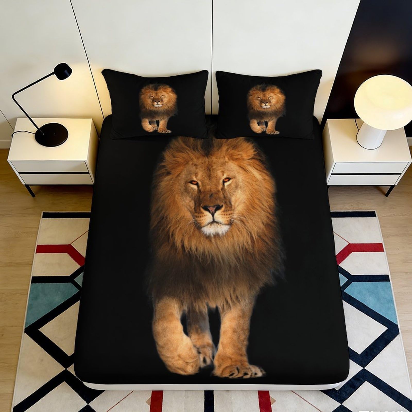 3D Printed Lion Animal Fitted Sheet Microfiber Soft Breathable Black Jungle King Mattress Cover for Bedroom Home Decor 90x200x25cm