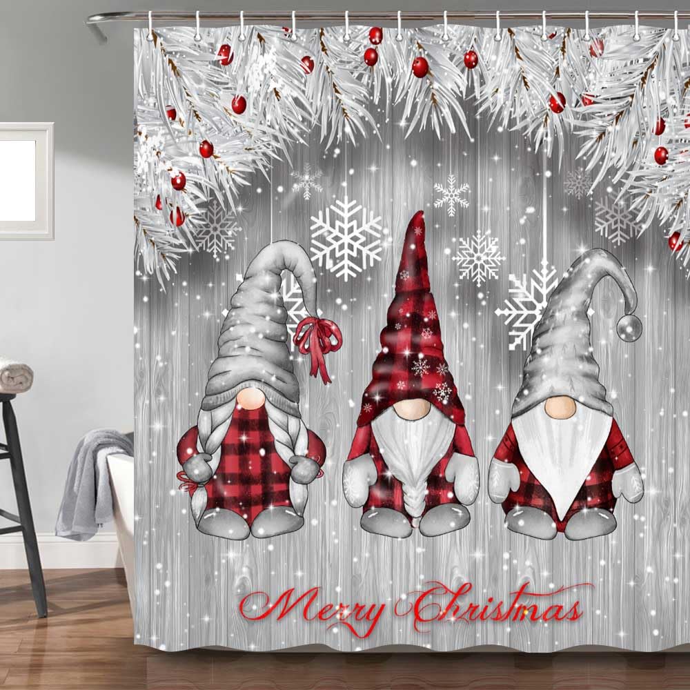 Winter Christmas Shower Curtain for Bathroom, Silver Snow with Christmas Gnome on Rustic Grey Wood Plank Bath Curtain, Farmhouse Gray Xmas Balls Tree