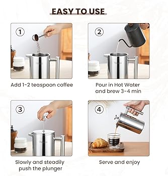 Cafetera de émbolo (acero inoxidable, 350 ml, para 2 tazas, doble pared, cafetera, con 5 flitros y cuchara-S5