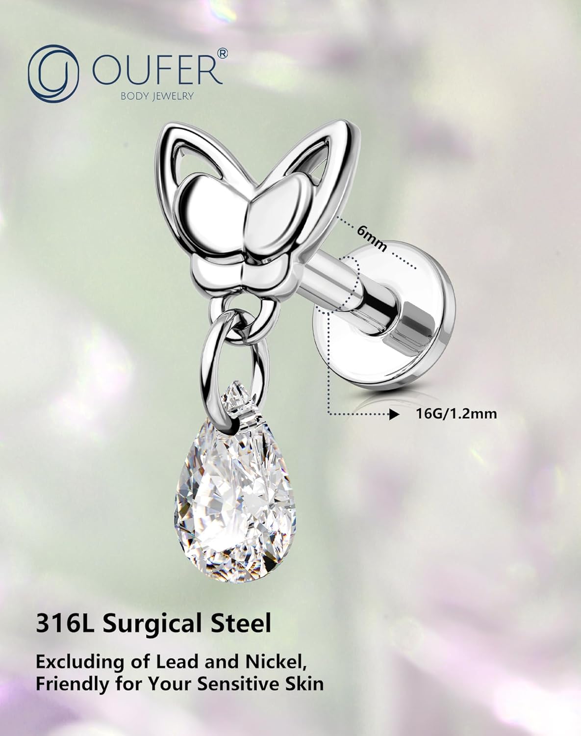 OUFER Dangle Butterfly Helix Piercing Jewelry, 16G Internally Threaded Flat Back Piercings Silver Helix Cartilage Tragus Conch Piercing Jewelry for Women Men-6MM - Image 3