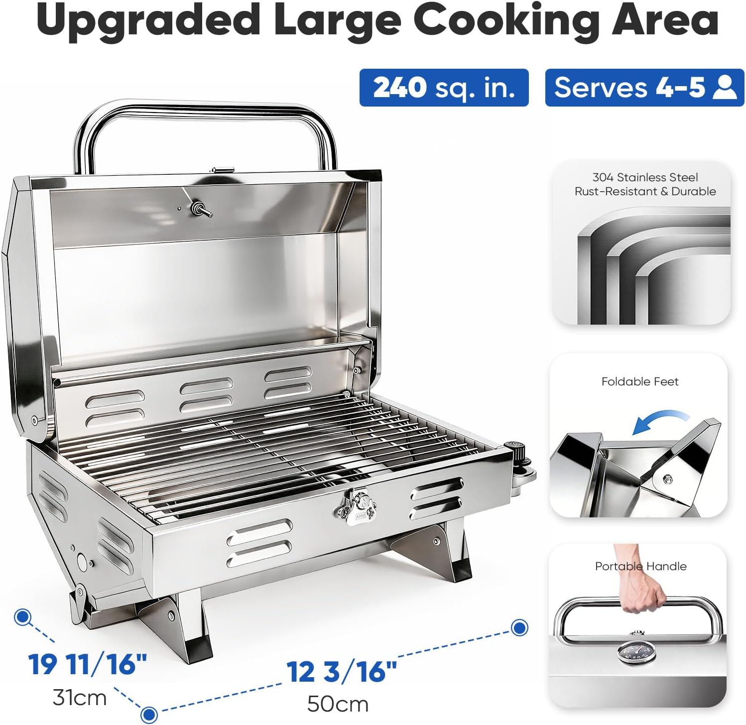 Boat Grill with Rod Holder Mount, Large Cooking Area for 4-5 People, Thickened 304 Stainless Steel, 3-Min Setup, Fast and Even Heating, Easy to Clean, Portable for Marine & Land Use, 1 Year Warranty