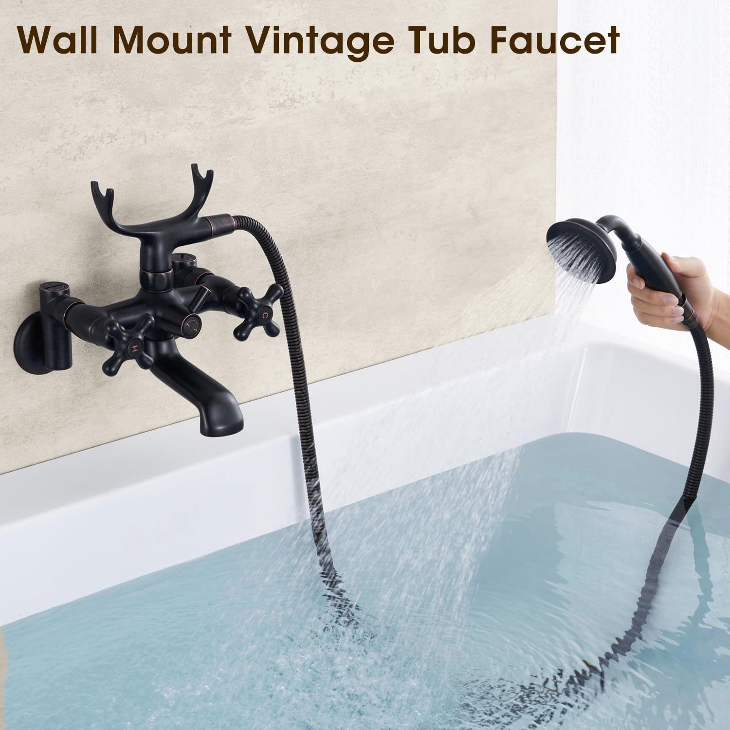 Wall Mount Tub Faucet with Hand Shower, 3 to 9in Center, Vintage Oil Rubbed Bronze, 2 Hole Bathtub Faucet Set with Shower, Wall Mount Tub Filler, with Valve Diverter, with Telephone Sprayer