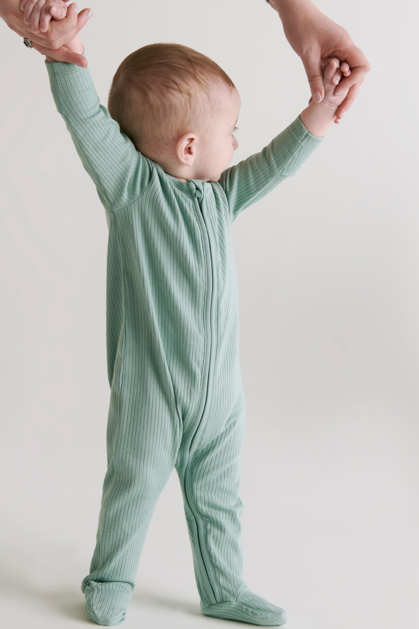 MORI Pelele Clever de canalé con cremallera bidireccional unisex para bebé en color menta - Ropa de dormir cómoda de bambú y algodón orgánico - Pijama para niño pequeño con diseño de pies - Recién nac