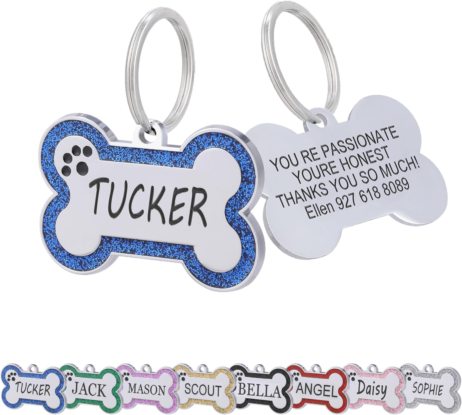 Personalized Dog Tags - Stainless Steel Deep Engraved Glitter Bone Shape Pet ID Tag, Double Sided Custom Text, Lightweight Durable Cat Dog Name Tag (Royal Blue, S)