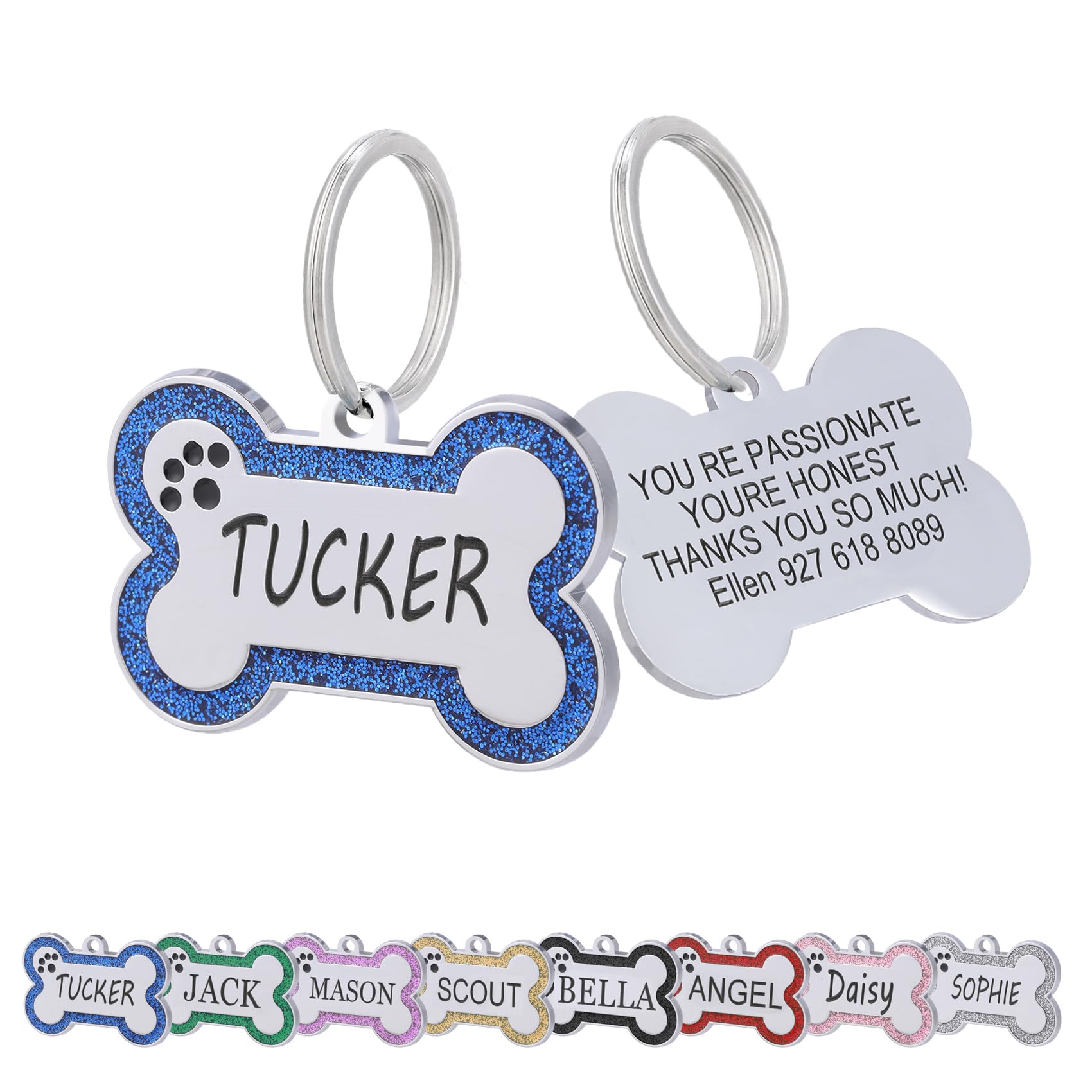 Personalized Dog Tags - Stainless Steel Deep Engraved Glitter Bone Shape Pet ID Tag, Double Sided Custom Text, Lightweight Durable Cat Dog Name Tag (Royal Blue, S)