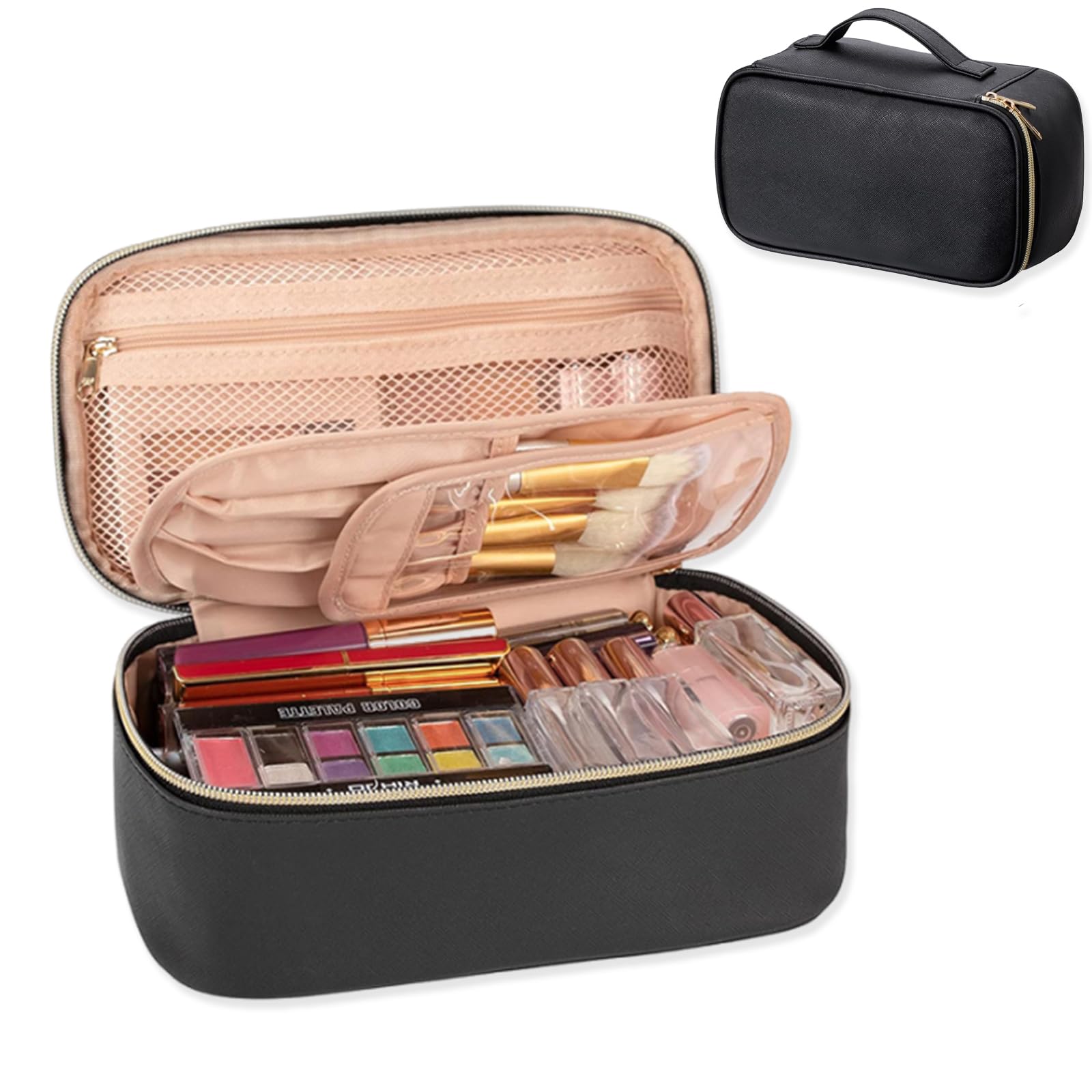 Makeup Travel Bag Waterproof Cosmetic Organizer with Makeup Brush Compartment & Handle, Water-Resistant Toiletry Bag for Women Travel Essentials - Black