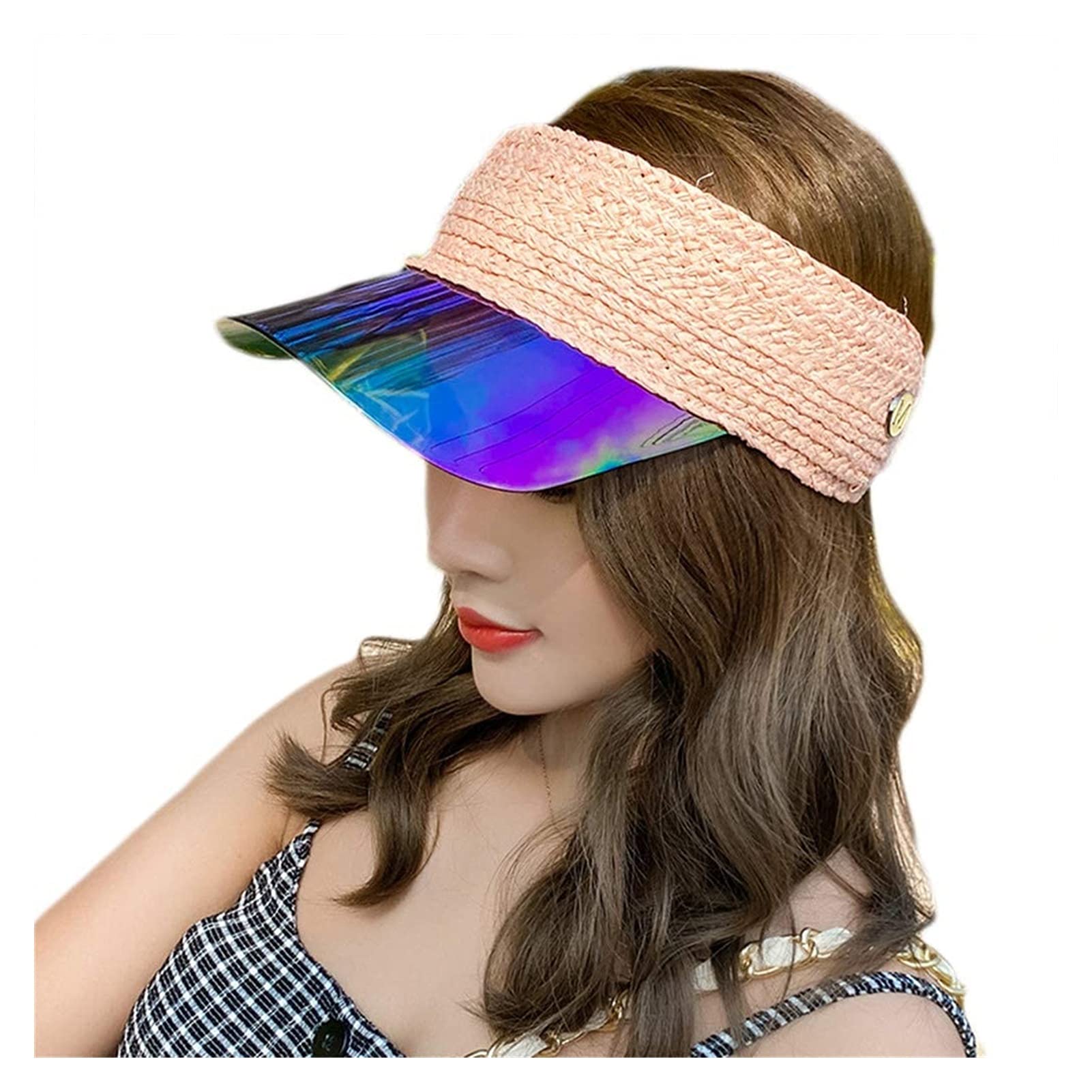 Women Summer Empty Top Straw Baseball Cap Hologram Transparent Panel UV Protection Adjustable Beach Sun Visor Hat for Hiking Outdoor Jsmhh (Color : PK)
