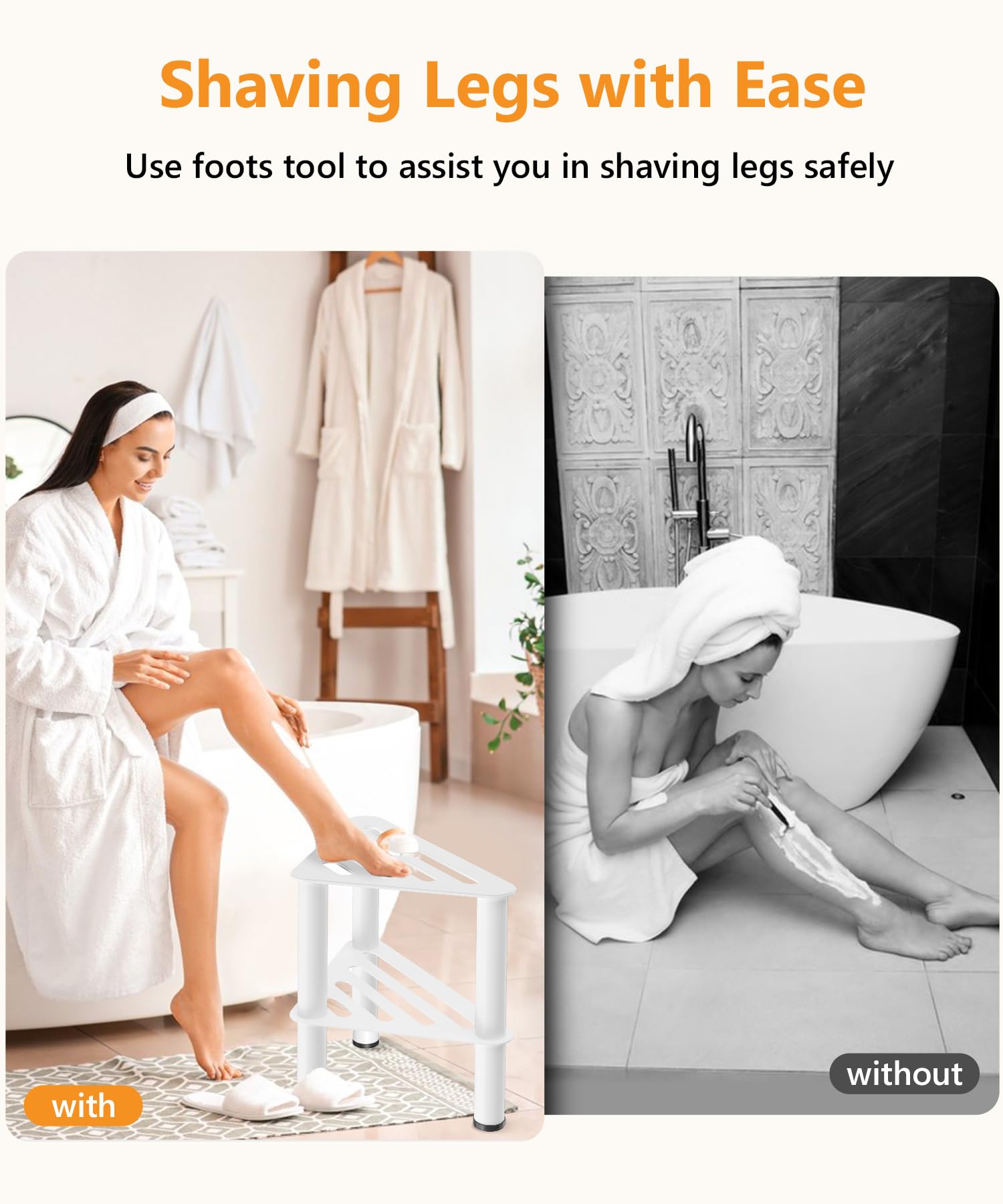 Taburete esquinero de ducha para afeitarse las piernas, 2 niveles, resistente al óxido con almacenamiento | Banco de pie de ducha antideslizante e impermeable, color blanco, de metal, pequeño escalón de spa para ducha interior
