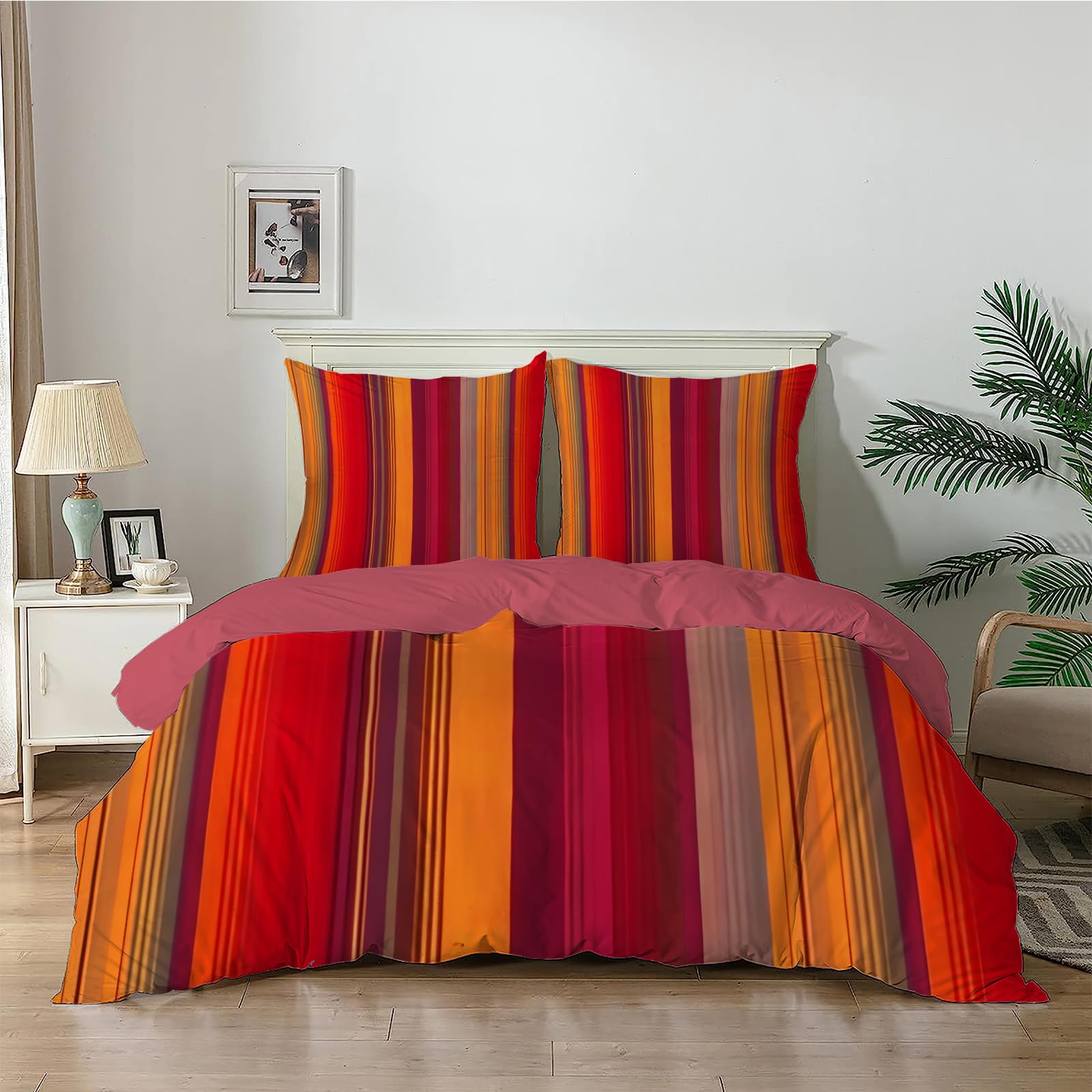 Qiwagu Red Orange Stripes Duvet Cover King Size, Reversible Quilt Cover With Pattern, Bedding Set Soft Microfibre With Zipper Closure, Washable Comforter Cover And 2 Pillowcases, 230X220 Cm