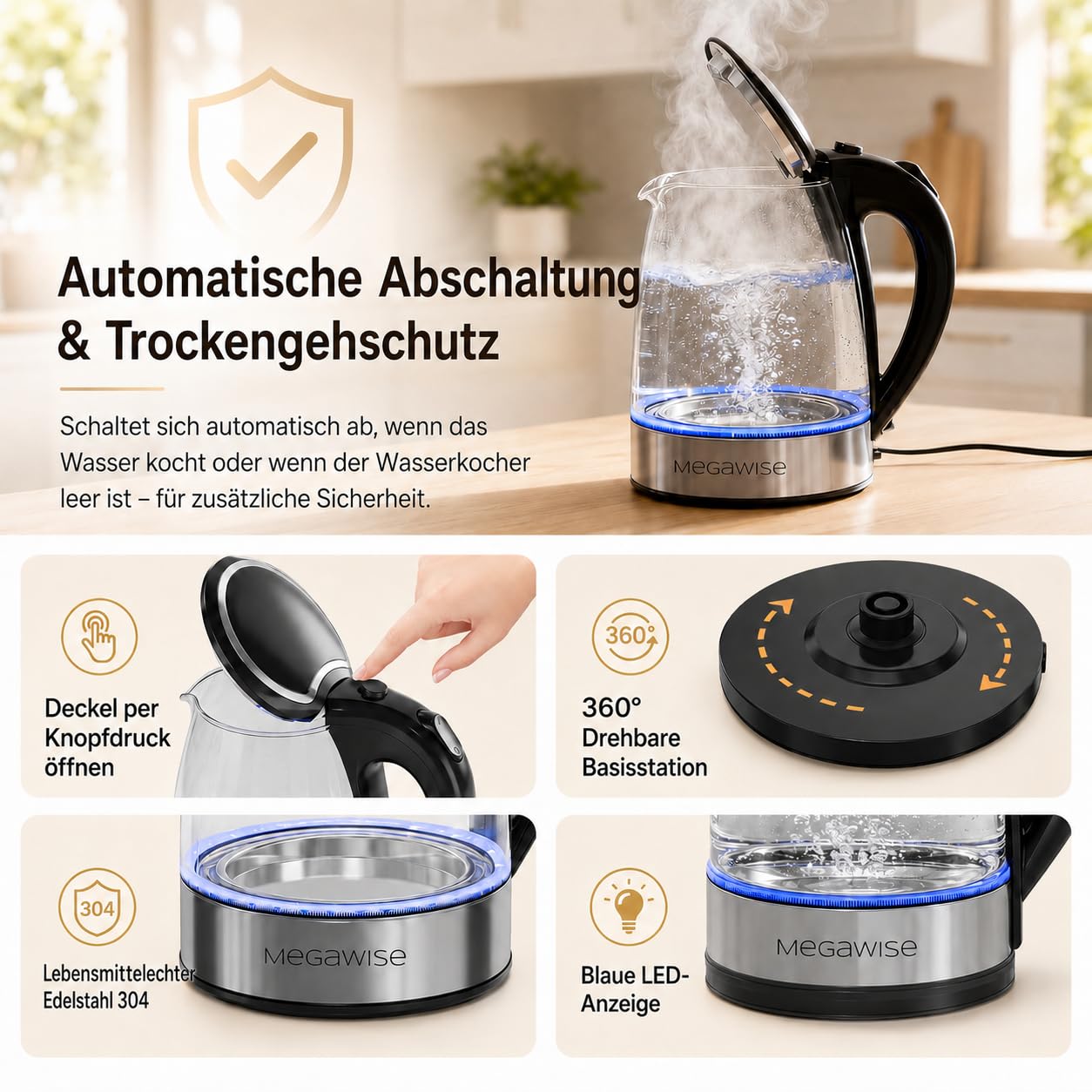 MEGAWISE 1.8L gesunder elektrischer Wasserkocher, 1000W Borosilikatglas Teekessel mit Lebensmittelqualität Material, Auto Shut-Off und Boil-Dry Schutz Akku Wasserkocher schnell kochend, BPA frei