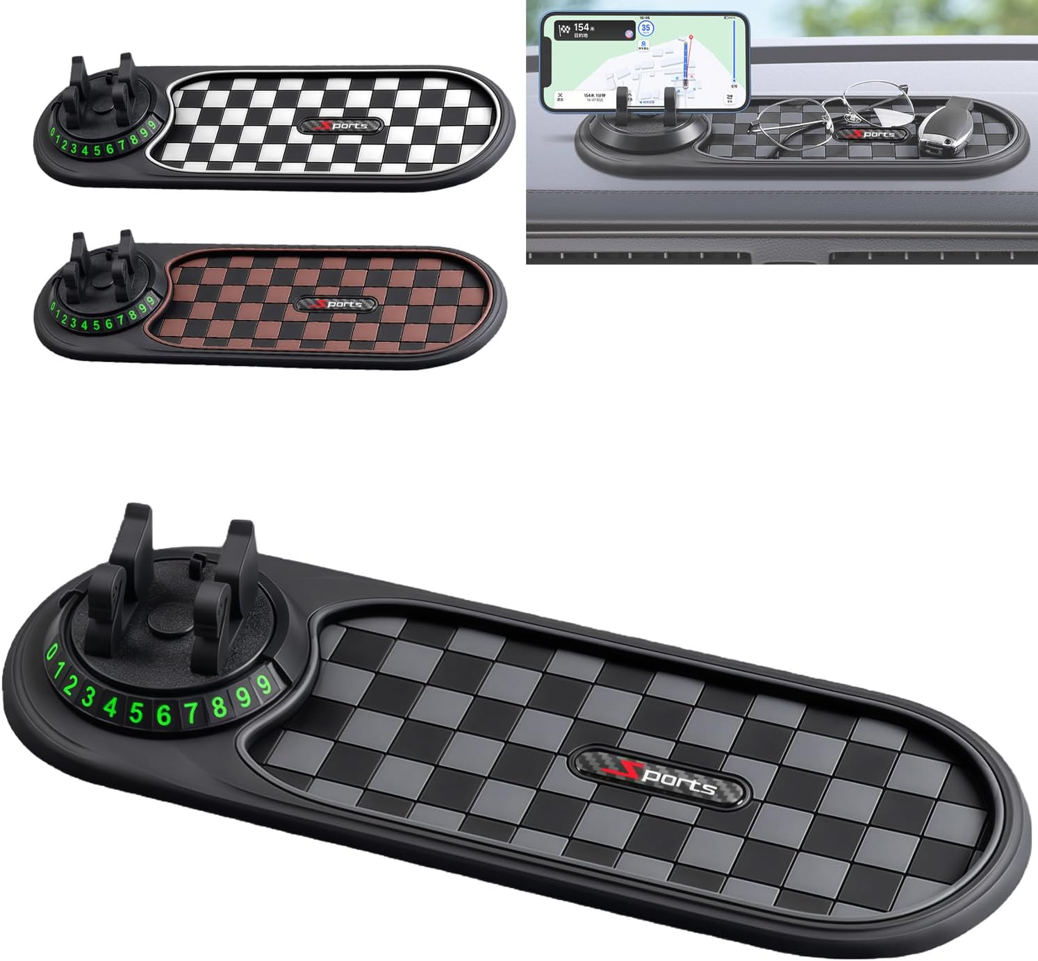 Multifunction Car Anti-Slip Mat, 3-in-1 Rotating Dashboard Mat, Large Storage Pad, Anti-Slip Phone Holder, 360° Rotating Mount with Parking Number (Black)
