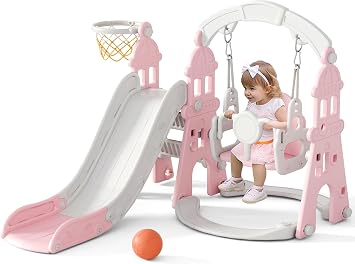 XJD 4-in-1 Toddler Slide and Swing Set, Kids Slide for Toddlers Age 1+, Toddler Outdoor Playset with Basketball Hoop, Swing, Outdoor Indoor Playground for Toddlers 1-3 (Pink)